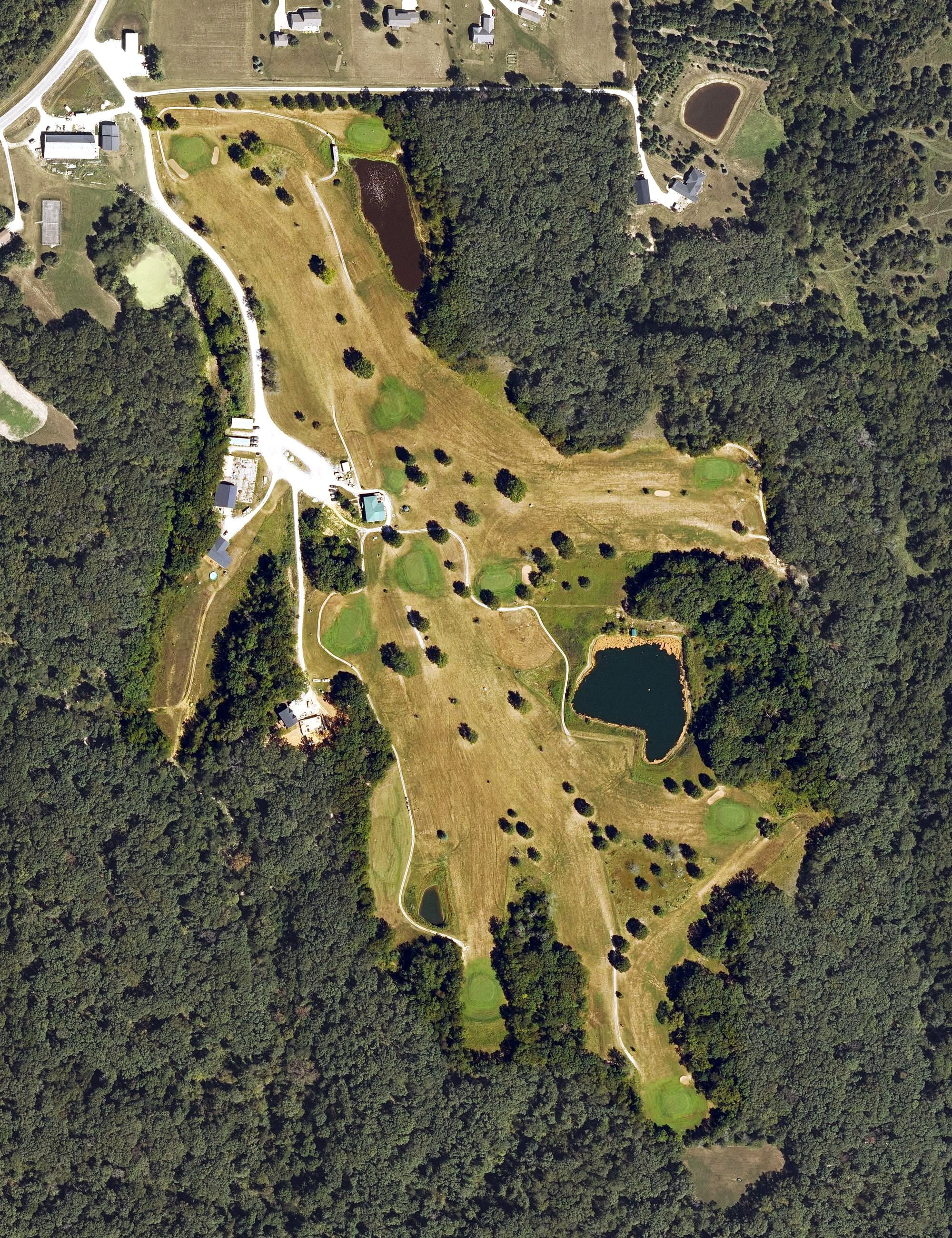 Aerial view of Deerwood Golf Club, IA, with its hole routing marked