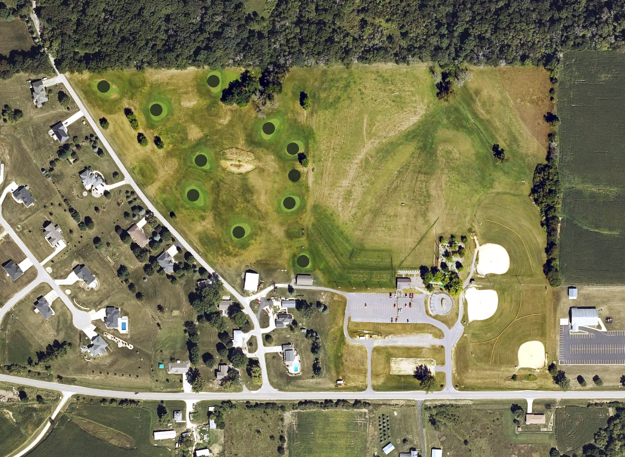 Aerial view of Derby Grange Golf & Recreation Center, IA, with its hole routing marked