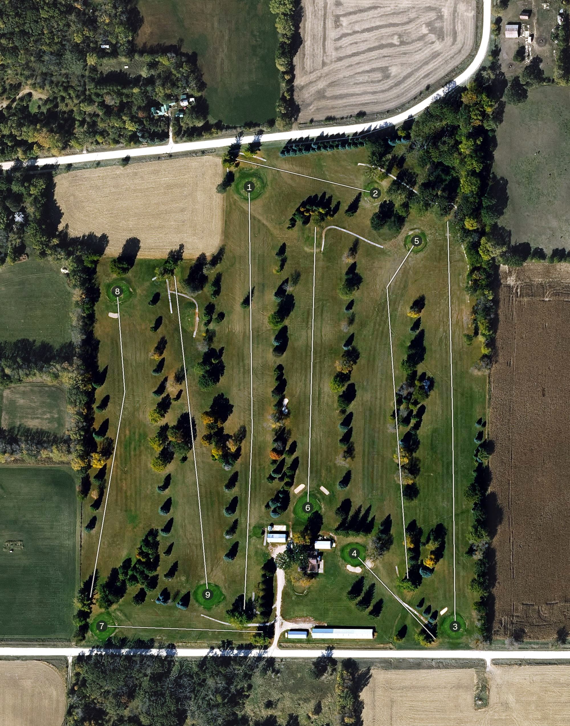Aerial view of Dows Golf Course, IA, with its hole routing marked