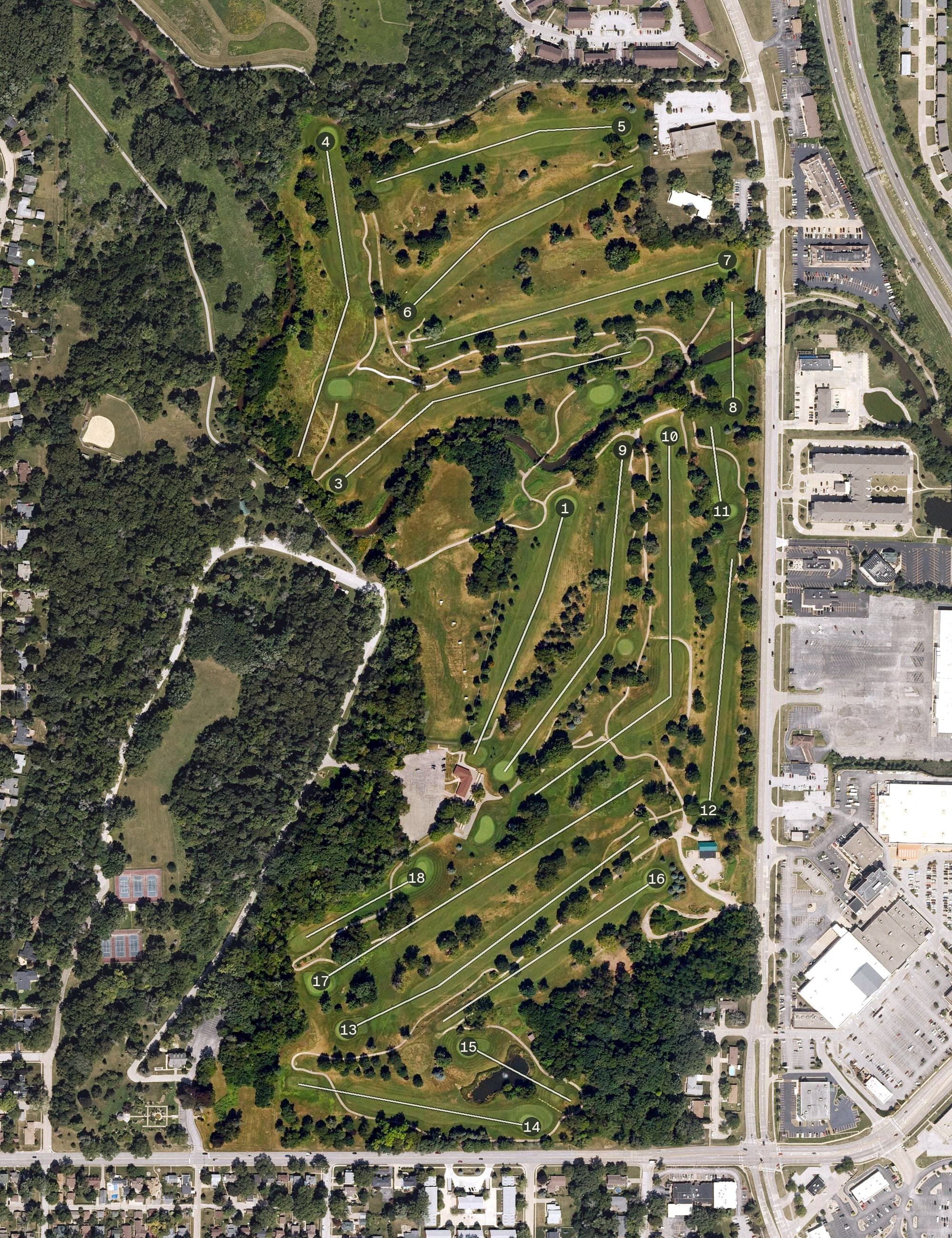 Aerial view of Duck Creek Golf Course, IA, with its hole routing marked