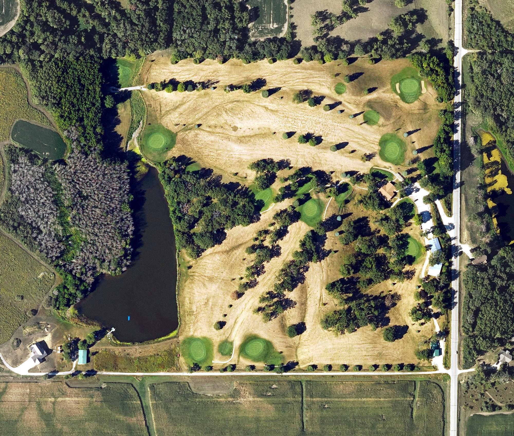 Aerial view of Dysart Country Club, IA, with its hole routing marked