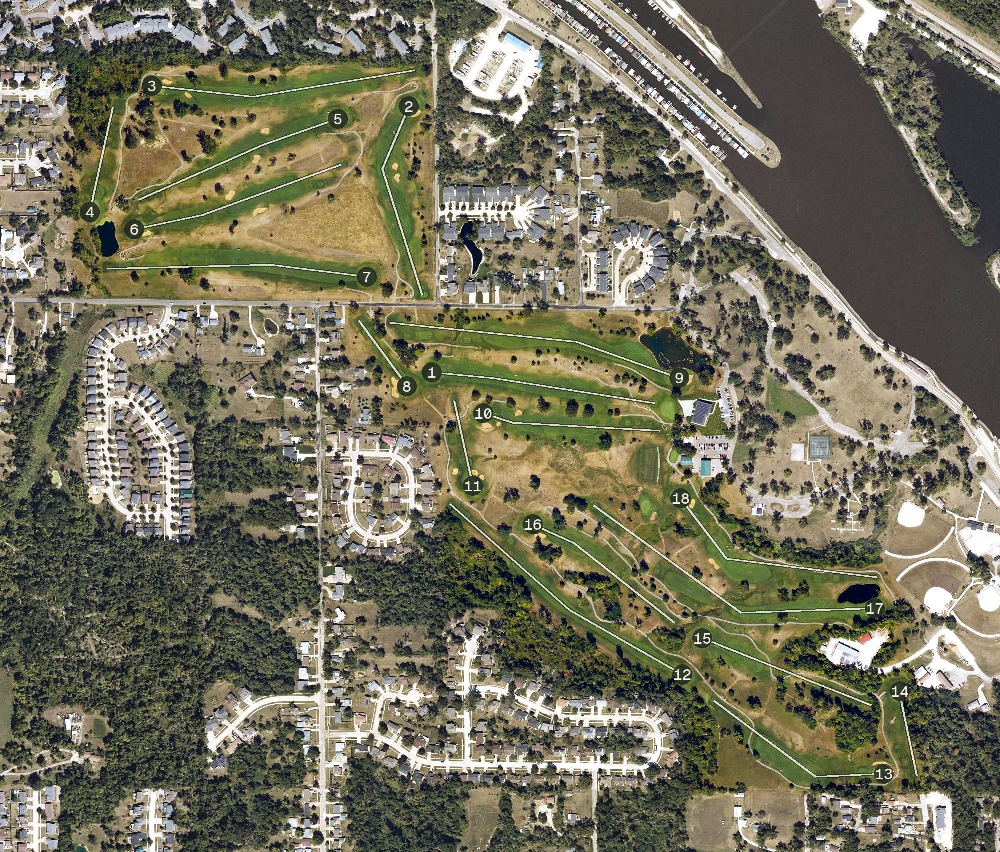Aerial view of Ellis Golf Course, IA, with its hole routing marked