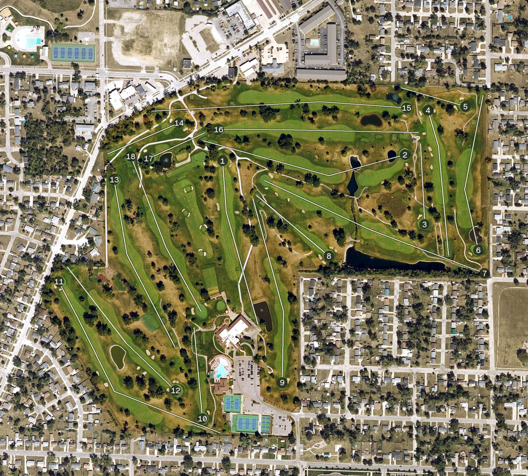 Aerial view of Elmcrest Golf & Country Club, IA, with its hole routing marked