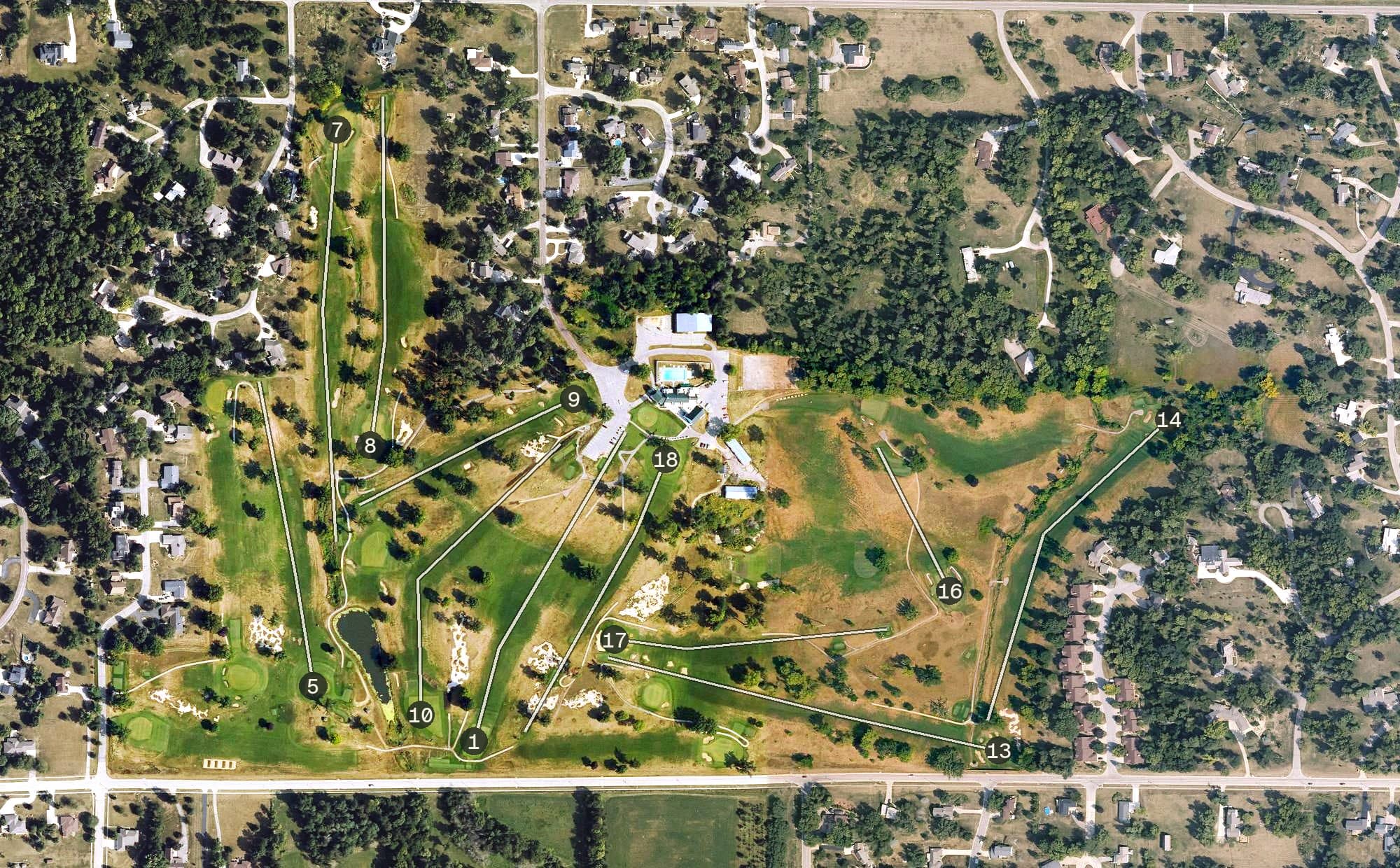 Aerial view of Elmwood Country Club, IA, with its hole routing marked