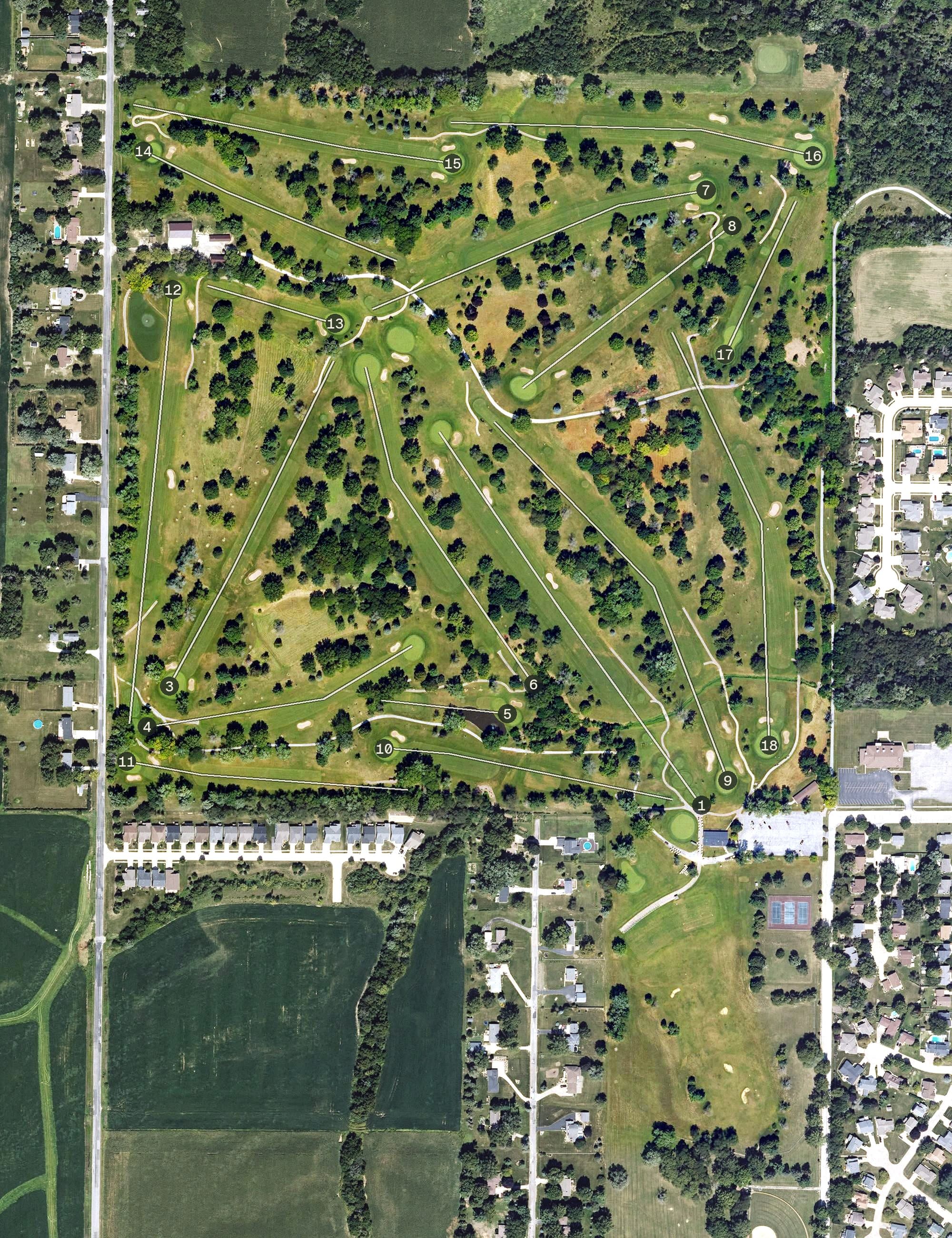 Aerial view of Emeis Golf Course, IA, with its hole routing marked