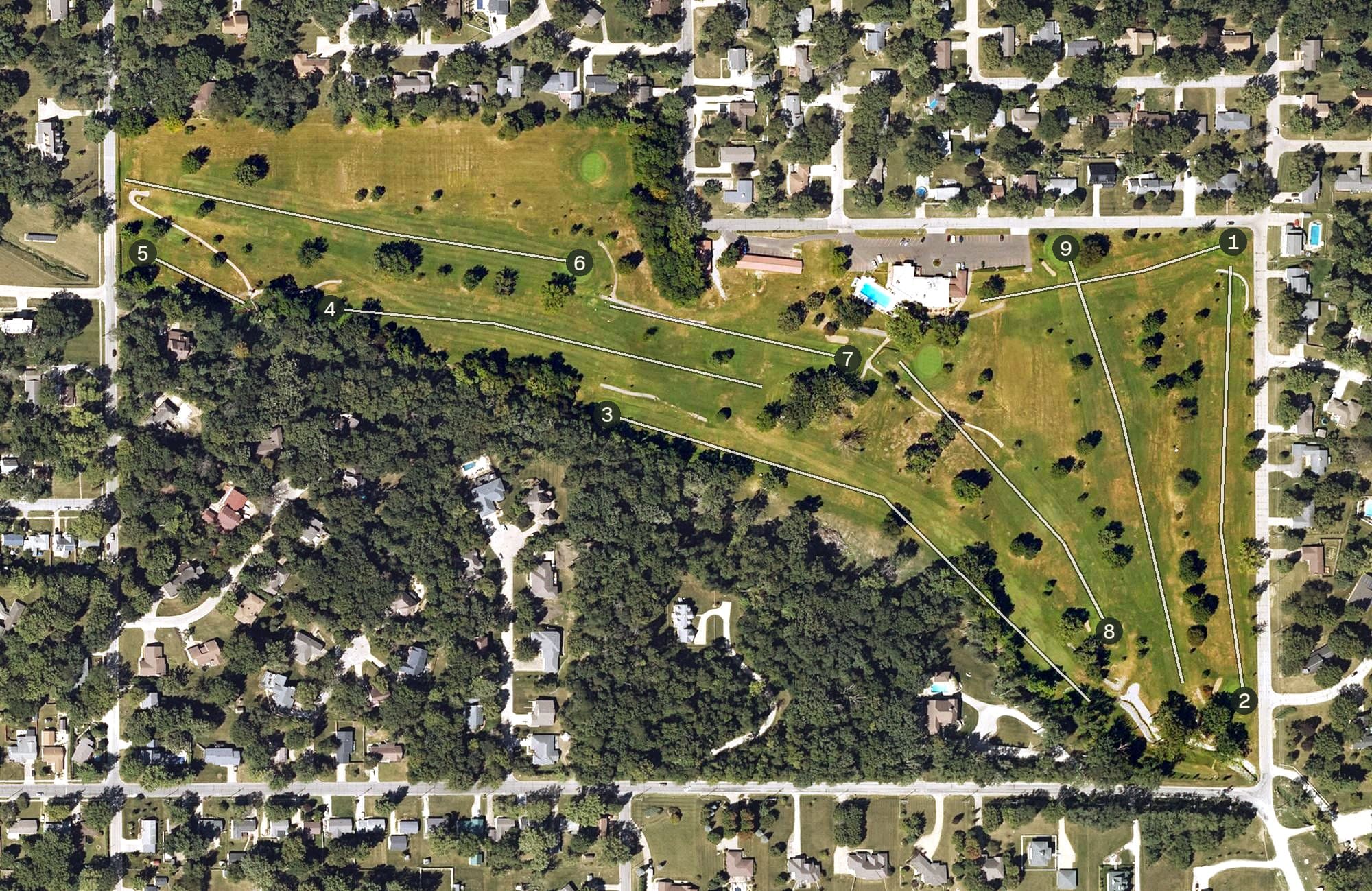 Aerial view of Fairfield Golf and Country Club, IA, with its hole routing marked