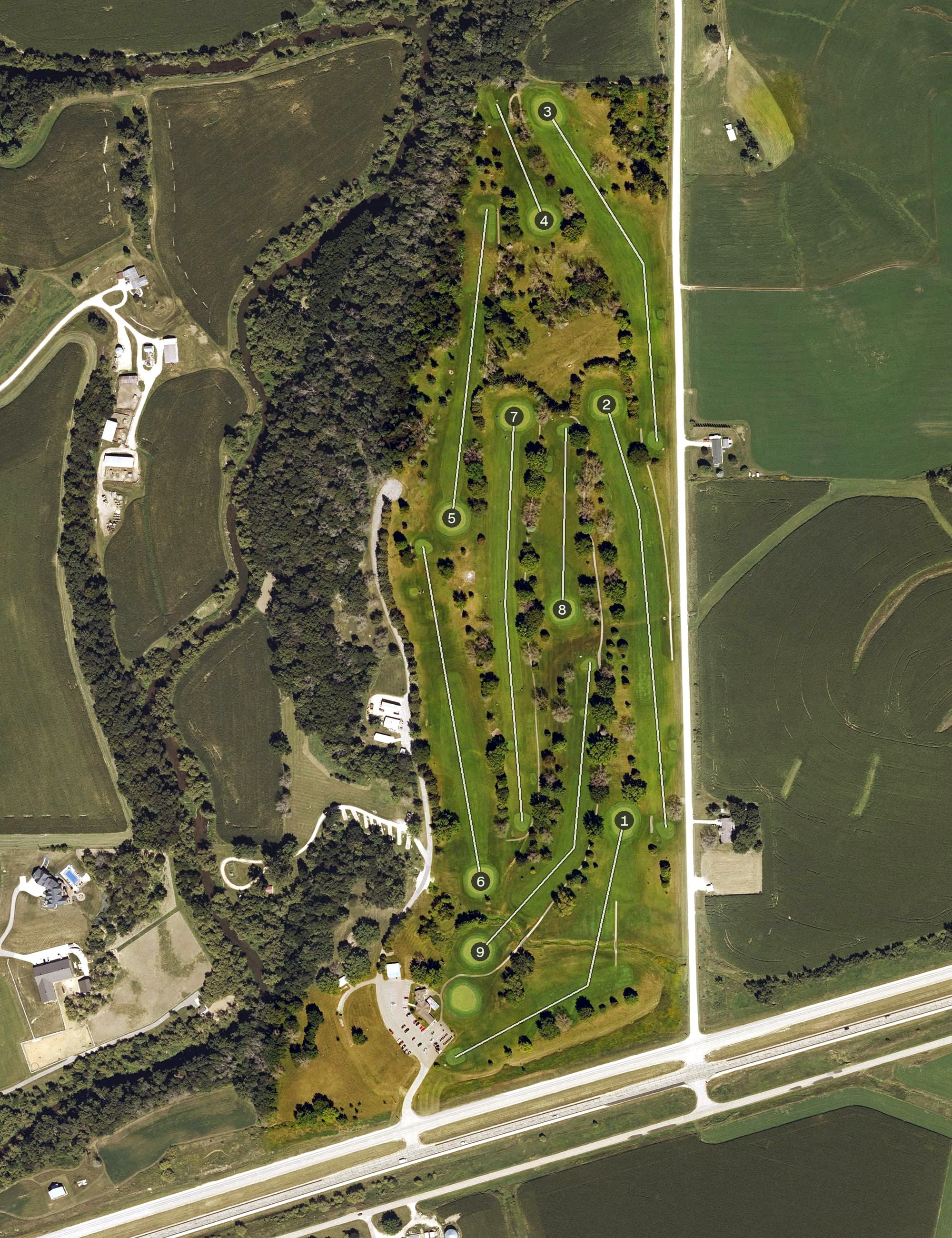 Aerial view of Fillmore Fairways Golf Course, IA, with its hole routing marked