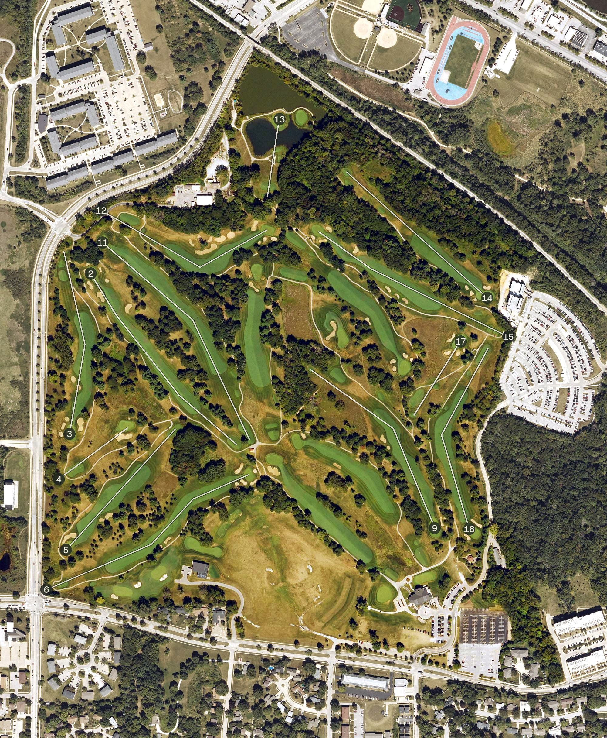 Aerial view of Finkbine Golf Course, IA, with its hole routing marked