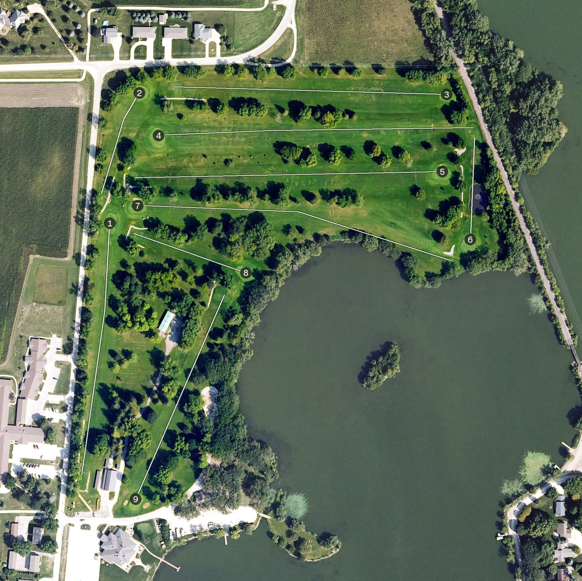 Aerial view of Five Island Golf Course, IA, with its hole routing marked