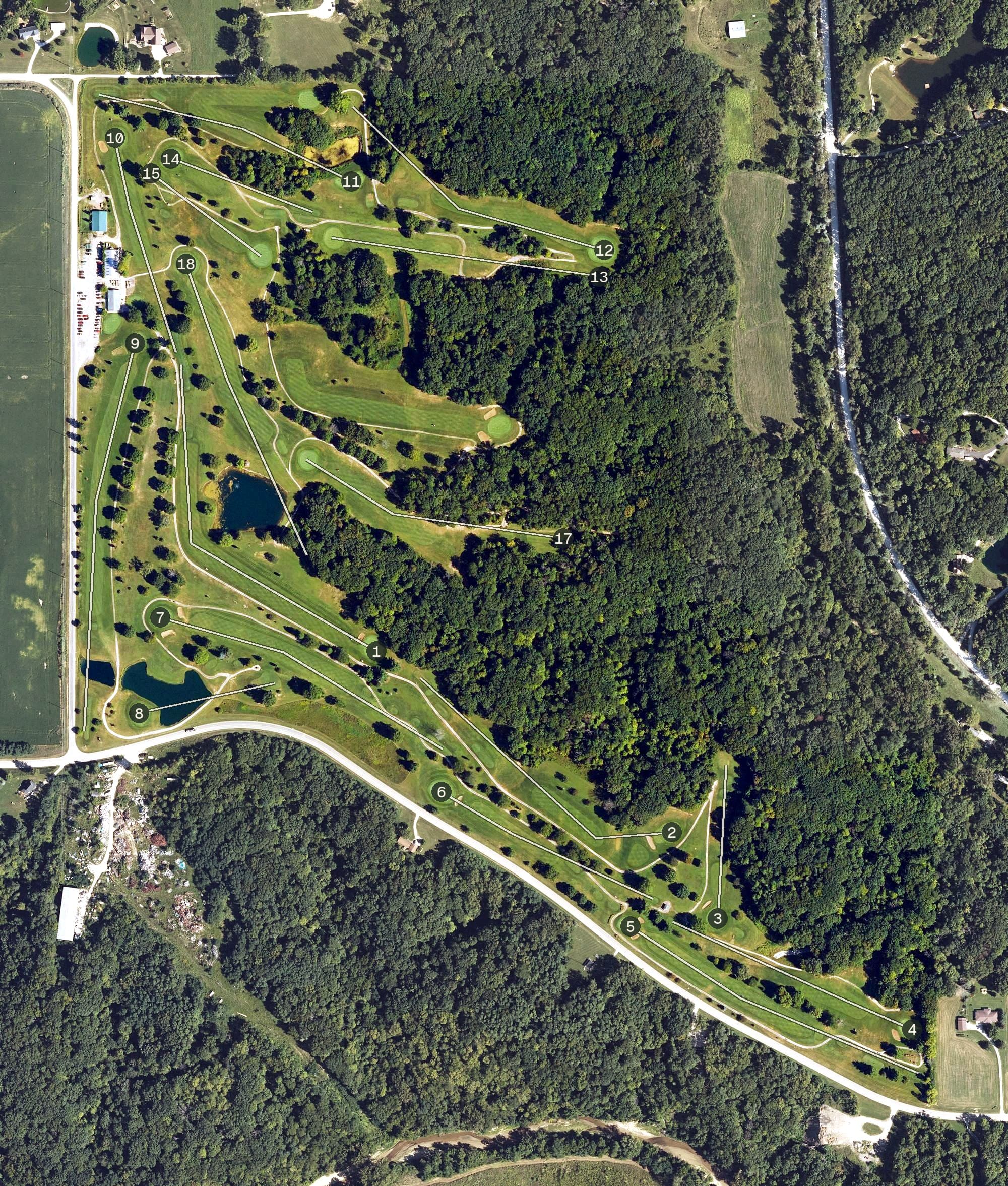 Aerial view of Flint Hills Golf Course, IA, with its hole routing marked