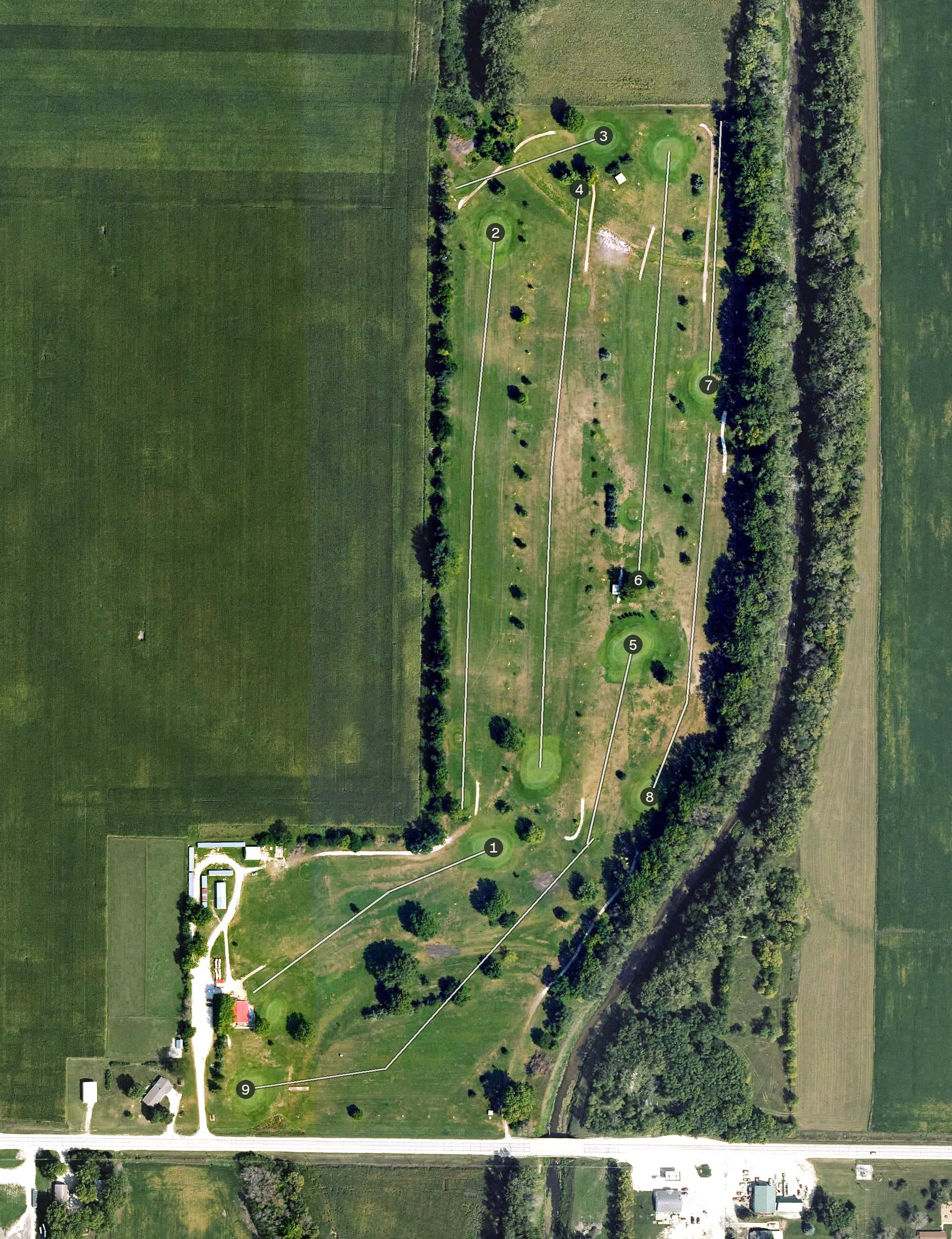 Aerial view of Fonda Golf Course, IA, with its hole routing marked