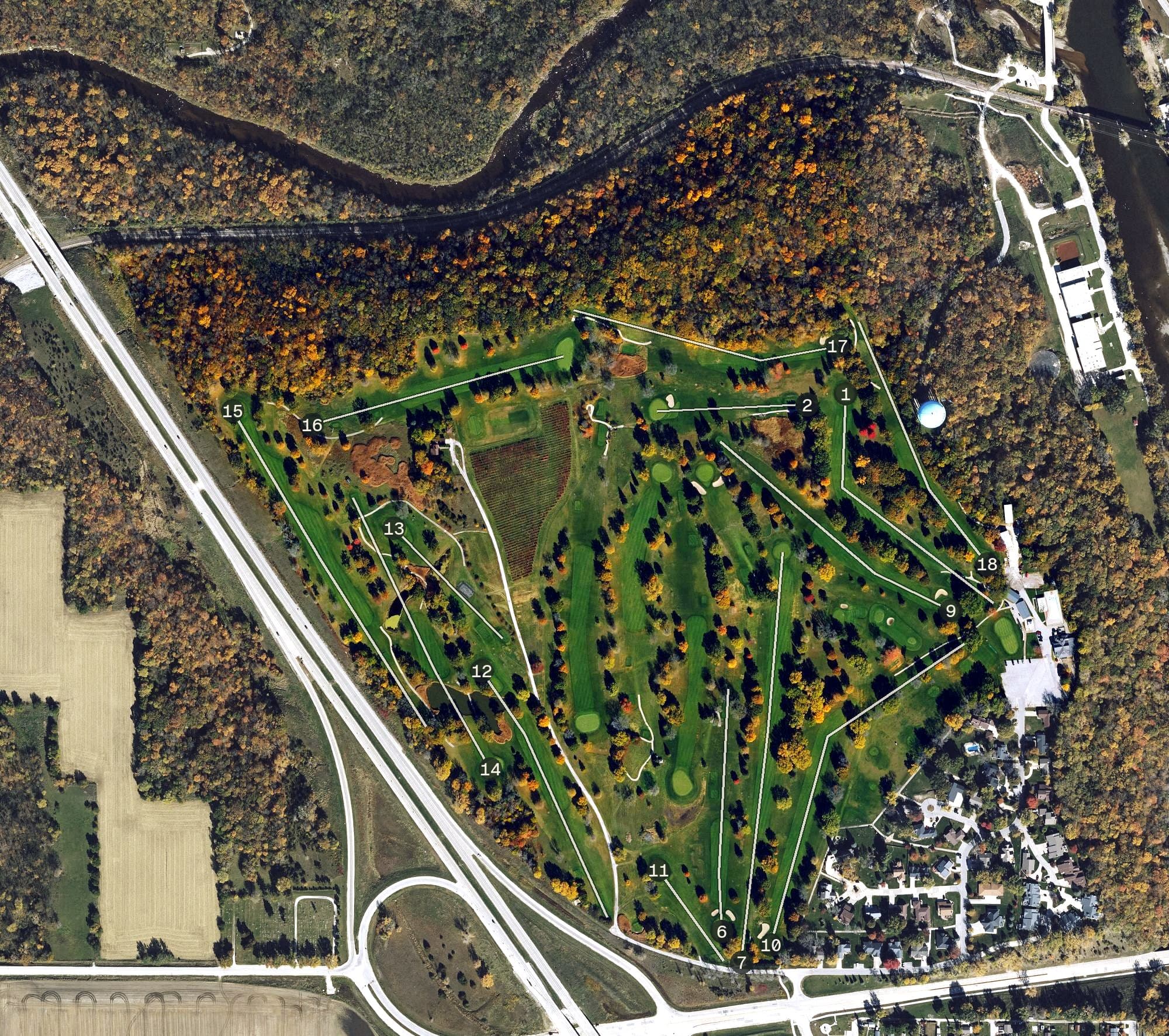Aerial view of Fort Dodge Country Club, IA, with its hole routing marked