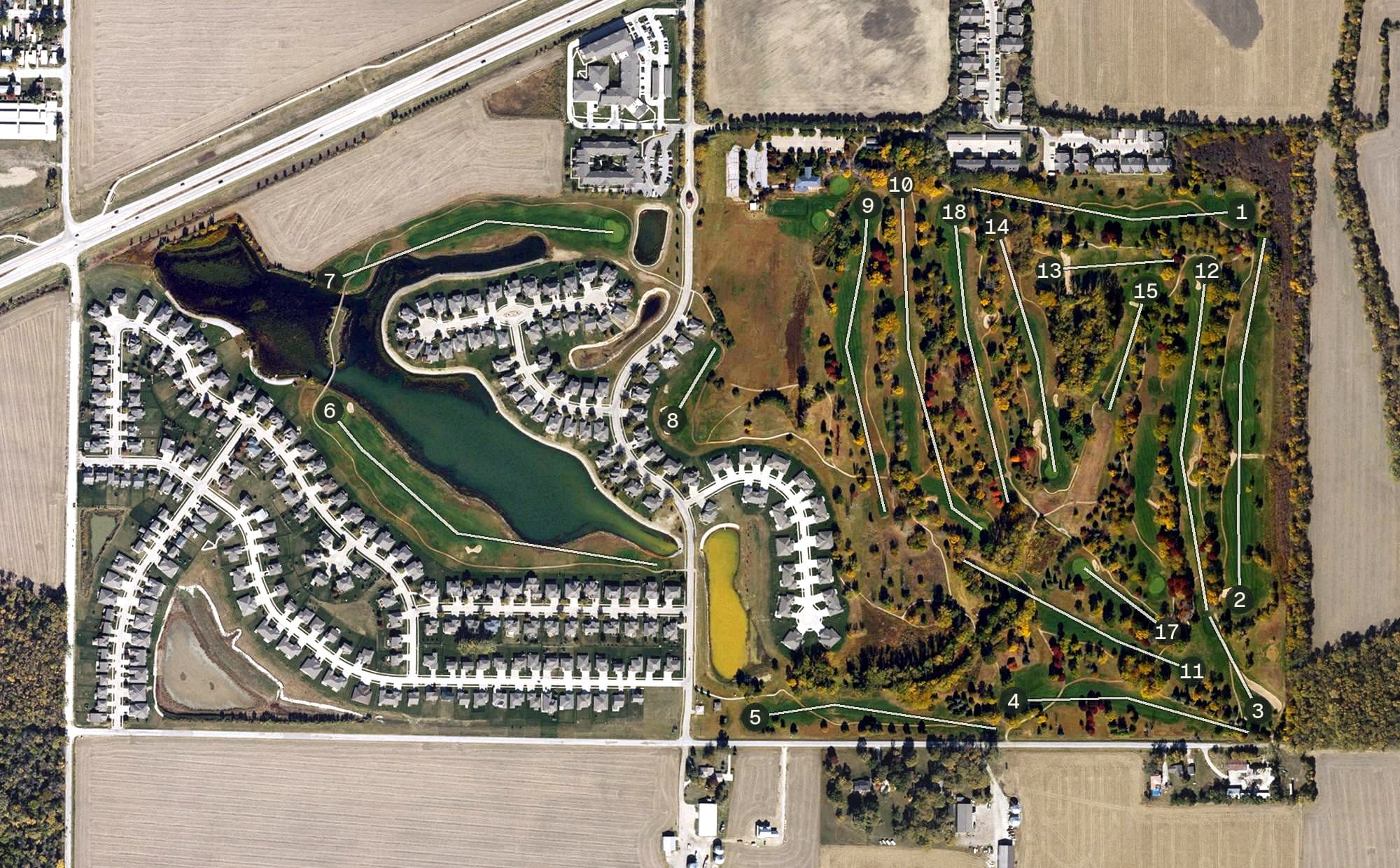 Aerial view of Fox Run Golf Club, IA, with its hole routing marked