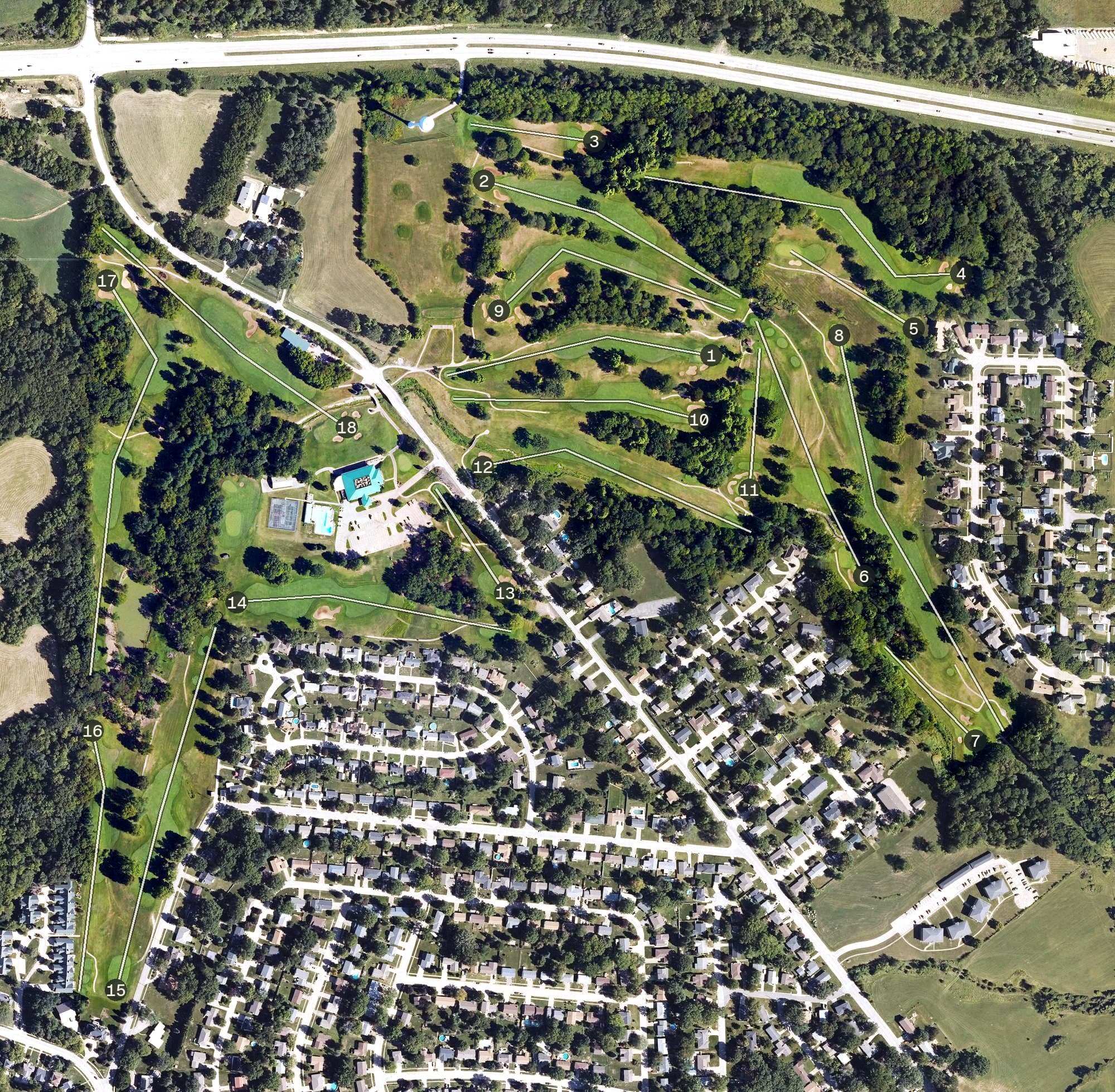 Aerial view of Geneva Golf and Country Club, IA, with its hole routing marked