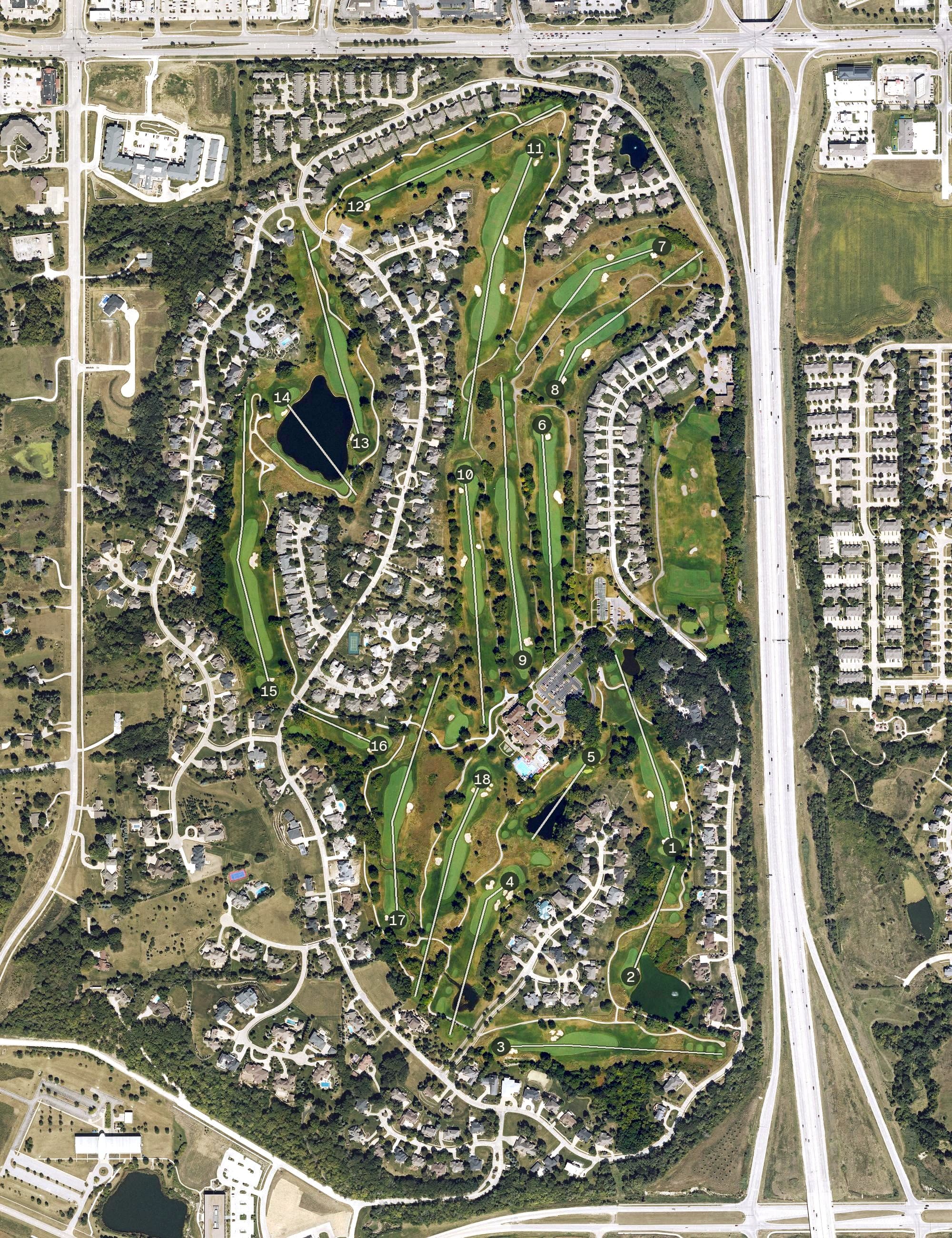 Aerial view of Glen Oaks Country Club, IA, with its hole routing marked