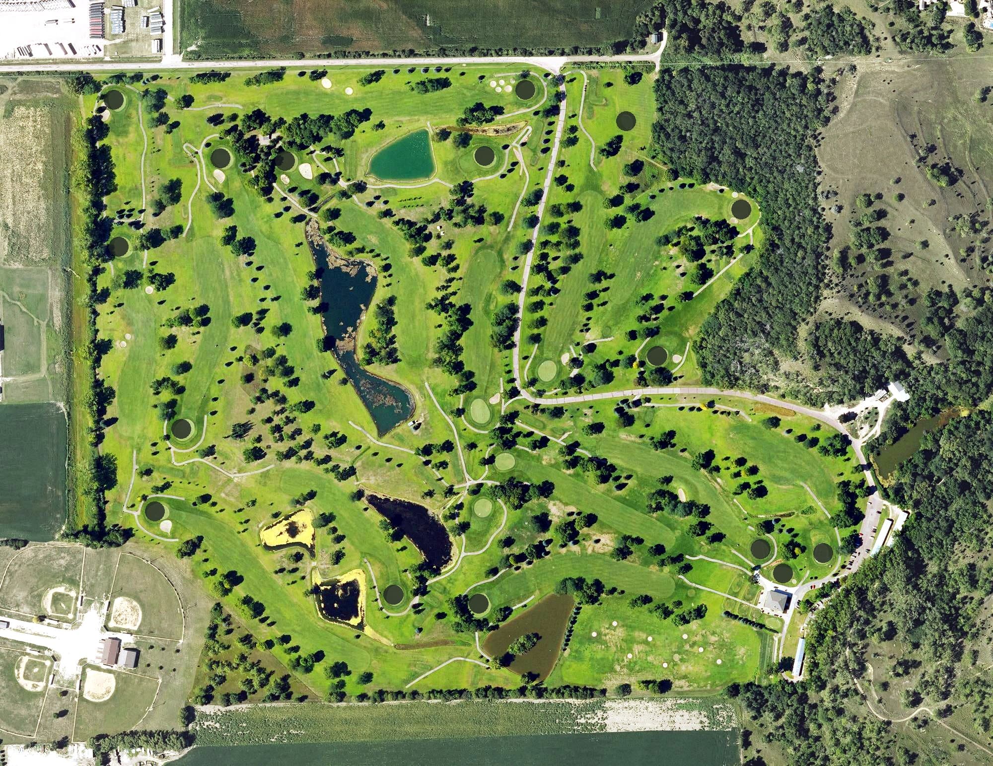 Aerial view of Green Valley Golf Club, IA, with its hole routing marked