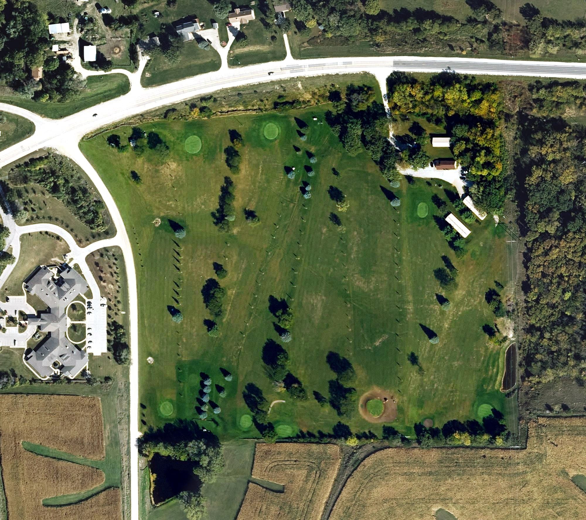 Aerial view of Guthrie Center Golf Club, IA, with its hole routing marked