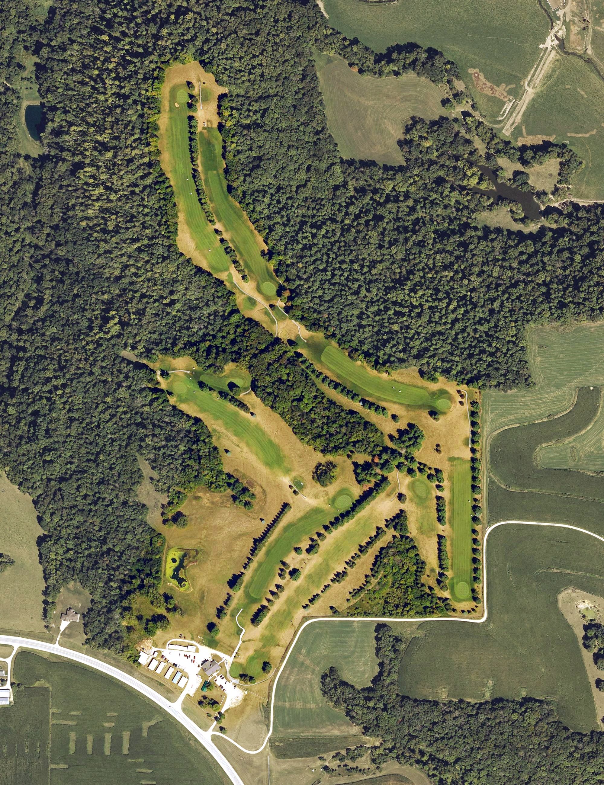 Aerial view of Guttenberg Golf and Country Club, IA, with its hole routing marked