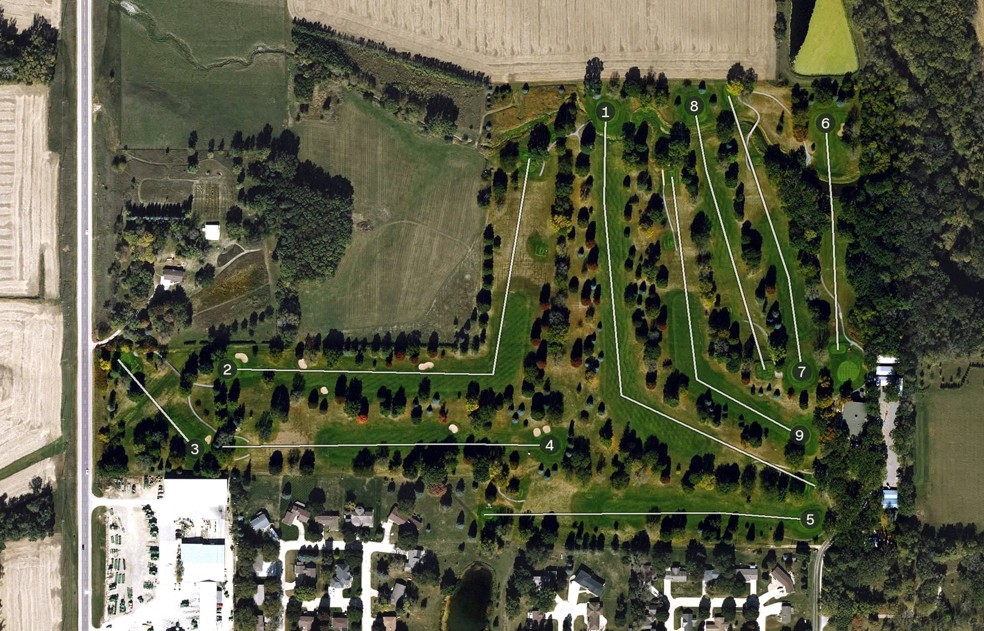 Aerial view of Hampton Country Club, IA, with its hole routing marked