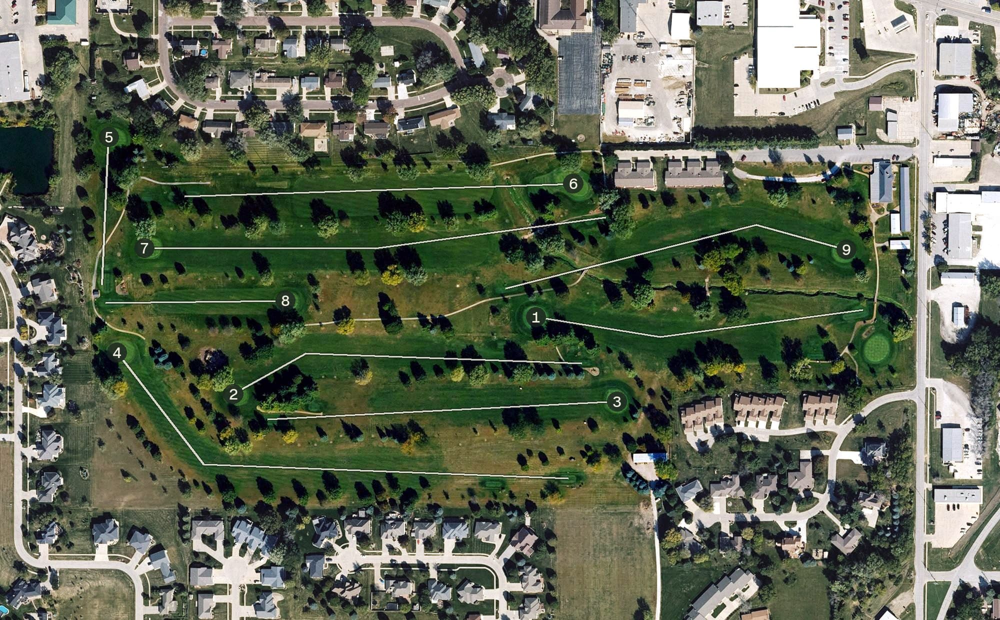 Aerial view of Harlan Golf and Country Club, IA, with its hole routing marked