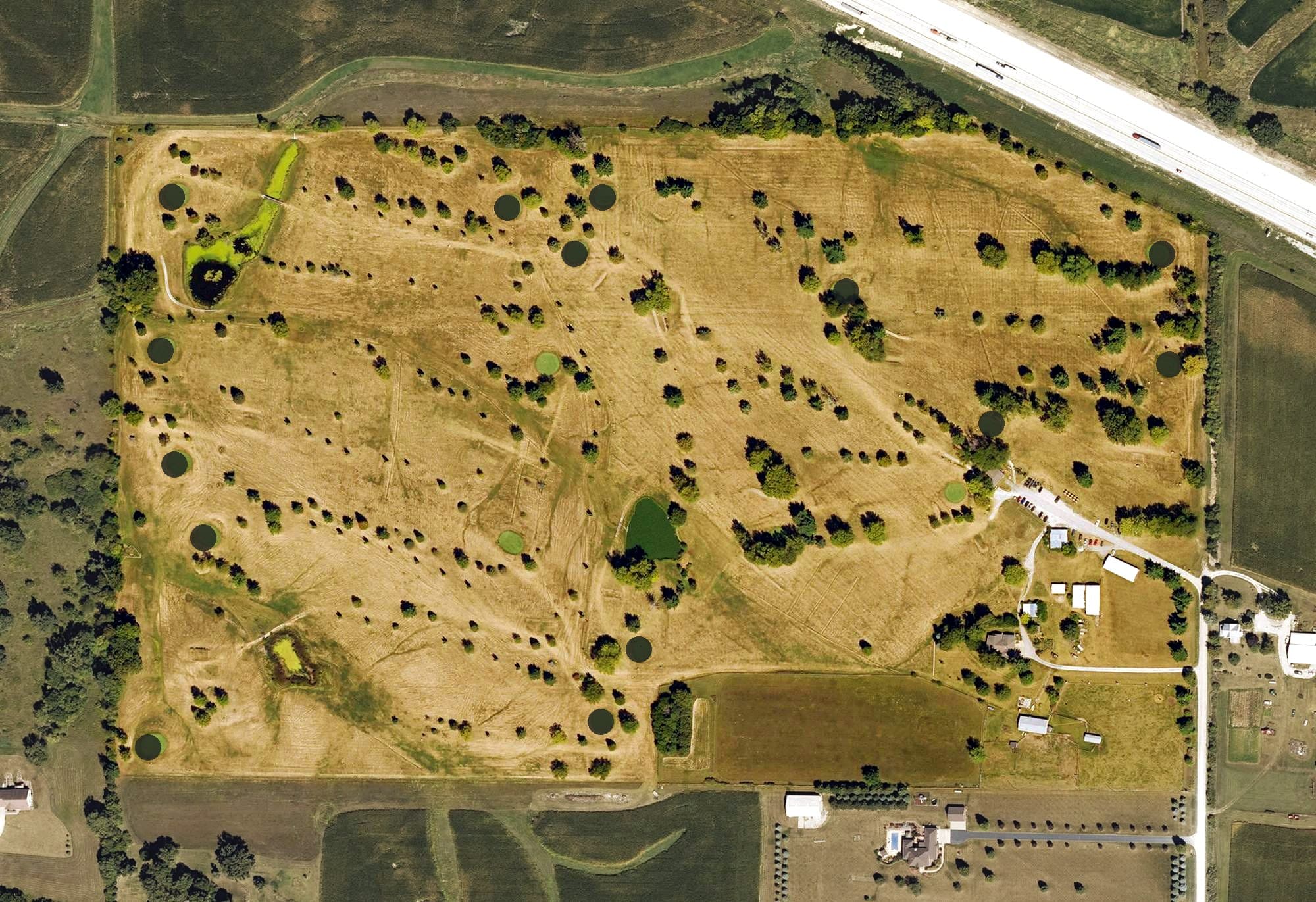 Aerial view of Hi Point Golf Course, IA, with its hole routing marked