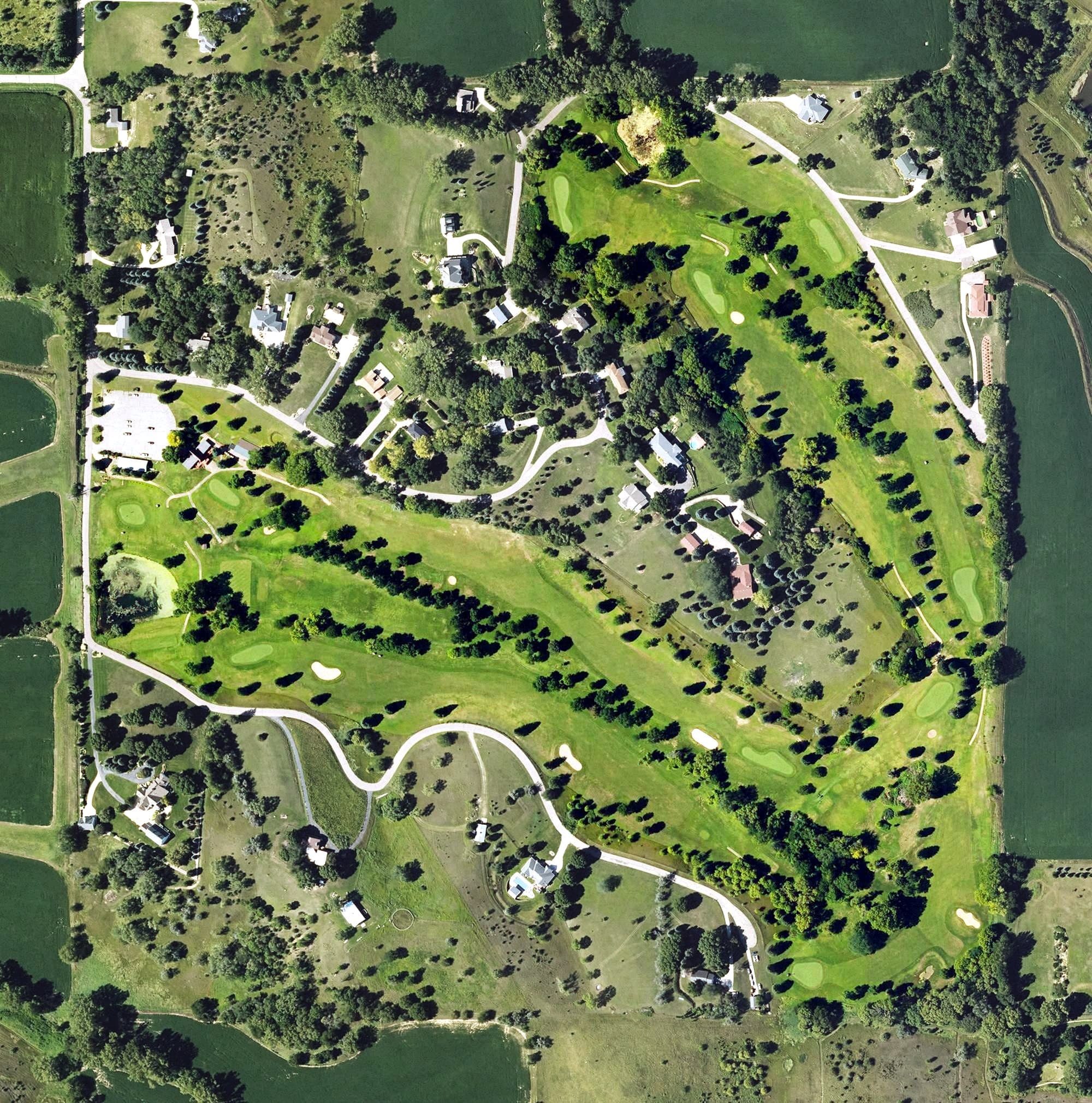 Aerial view of Hidden Acres Golf Course, IA, with its hole routing marked