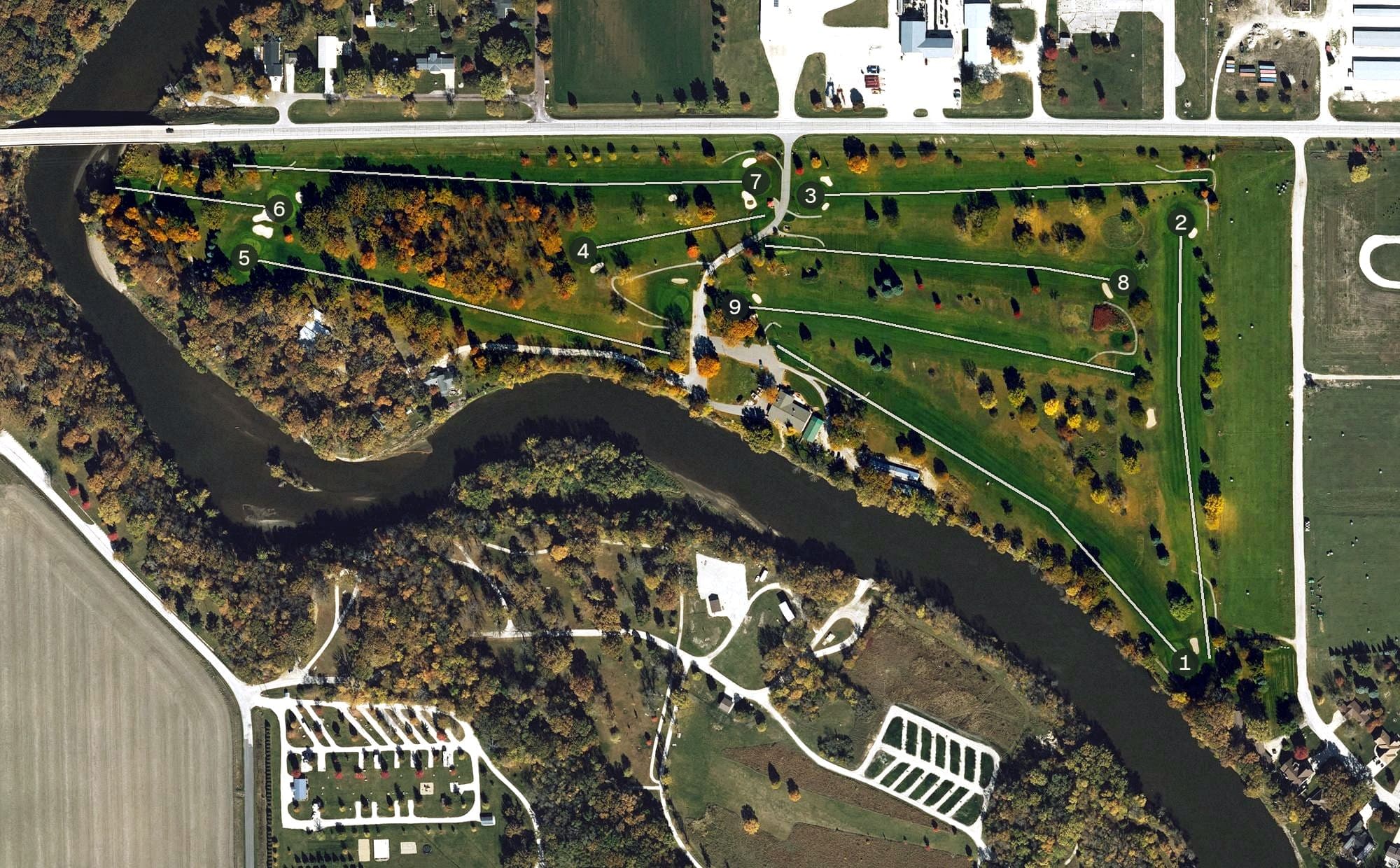 Aerial view of Humboldt  Country  Club, IA, with its hole routing marked