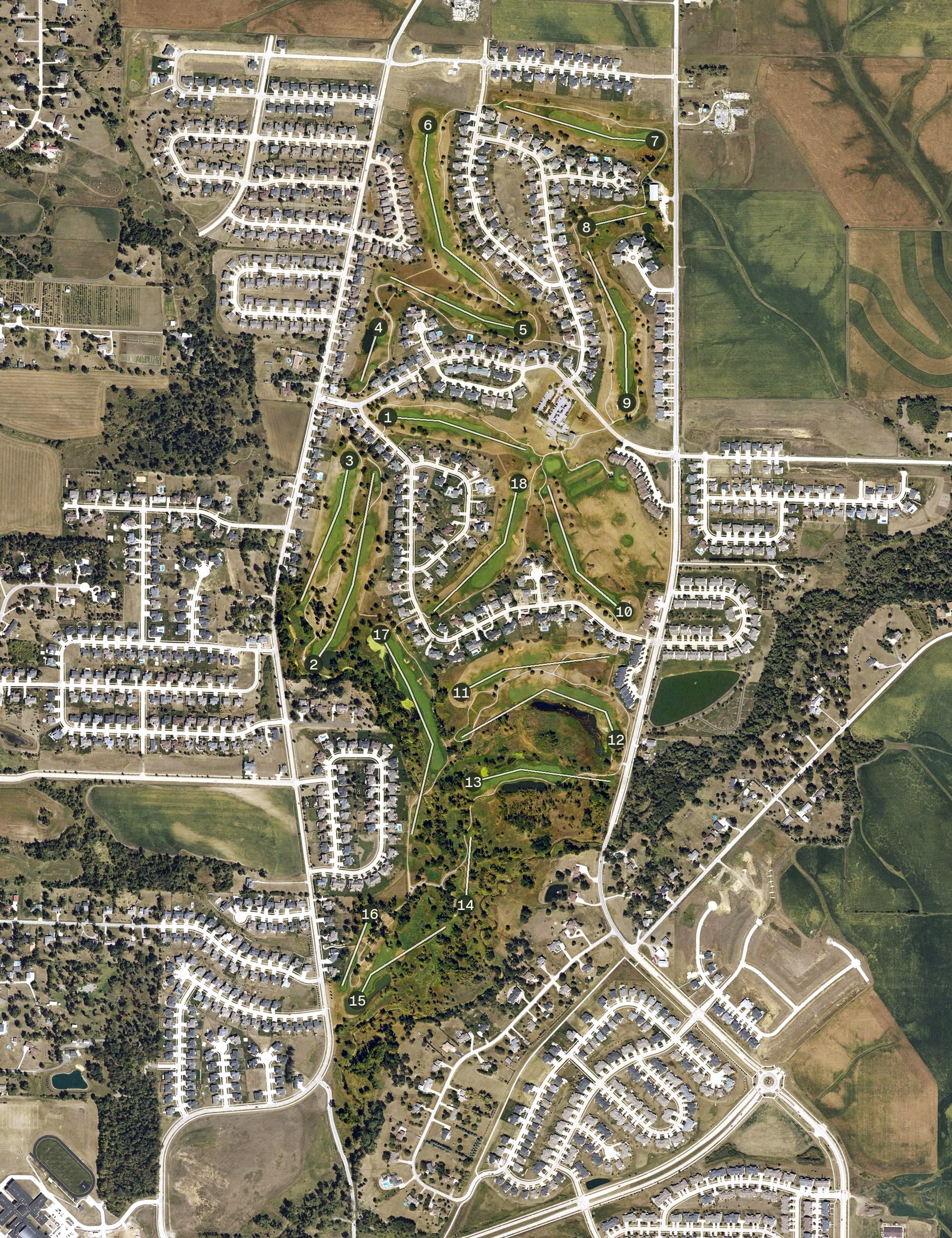 Aerial view of Hunters Ridge Golf Course, IA, with its hole routing marked