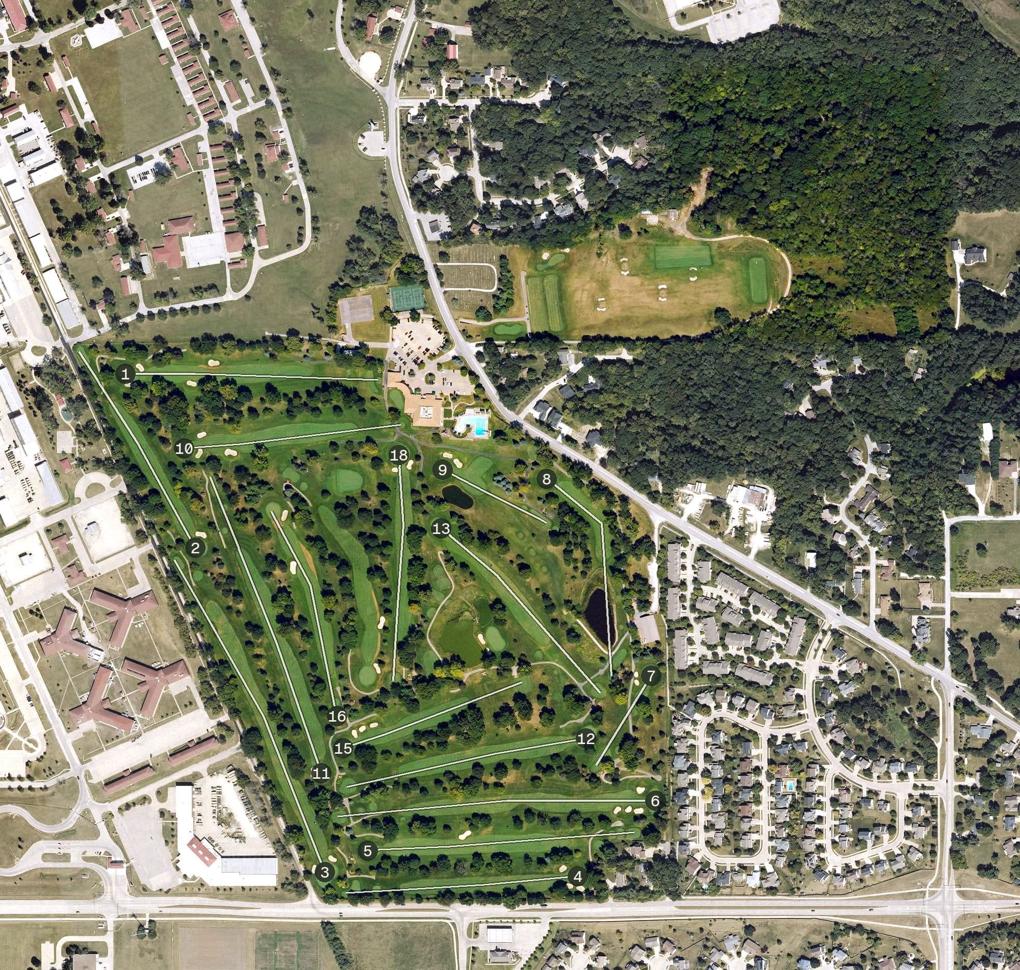 Aerial view of Hyperion Field Club, IA, with its hole routing marked
