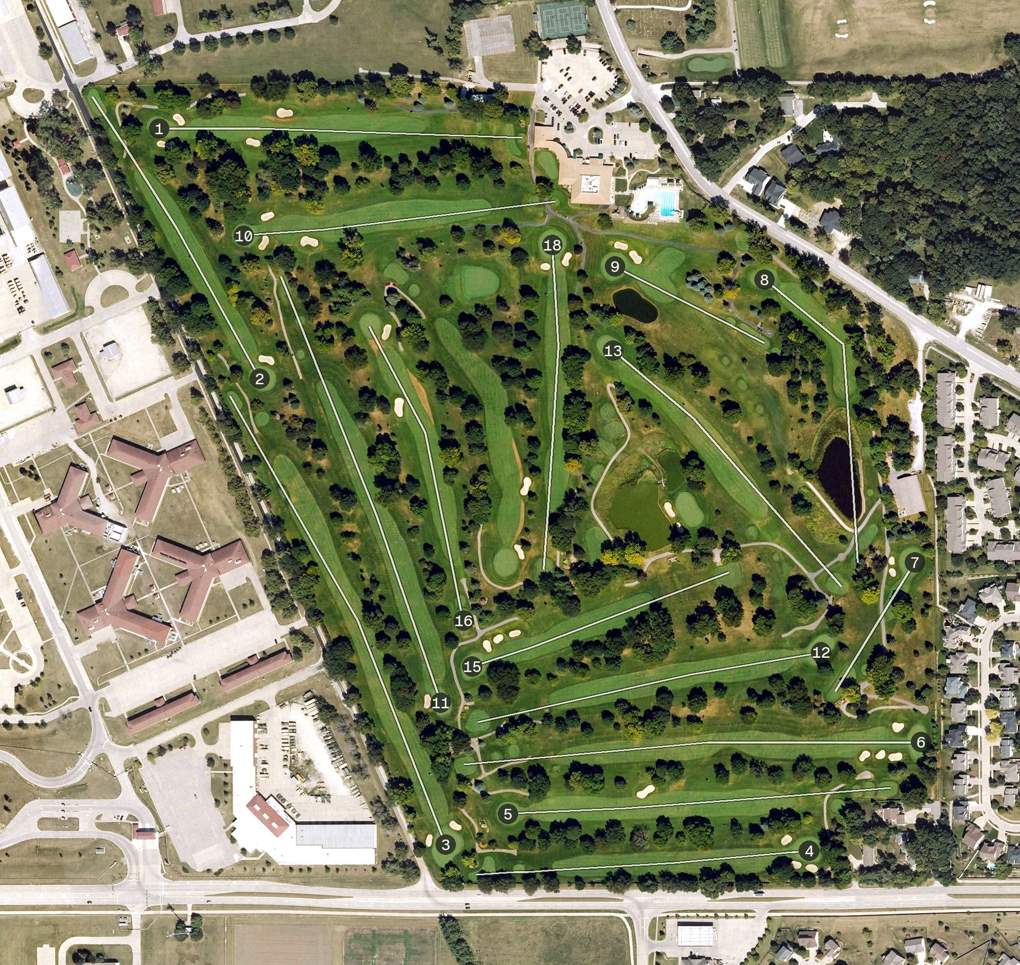 Aerial view of Hyperion Golf Course, IA, with its hole routing marked