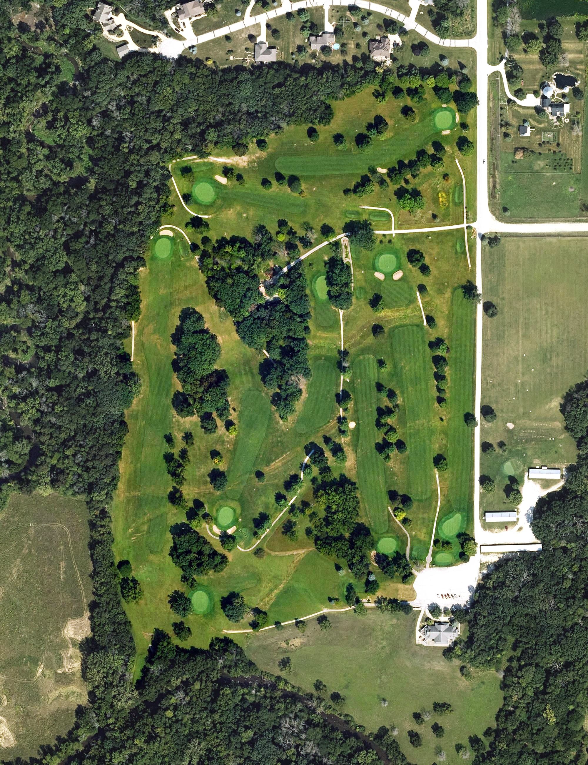 Aerial view of Indian Creek Country Club, IA, with its hole routing marked