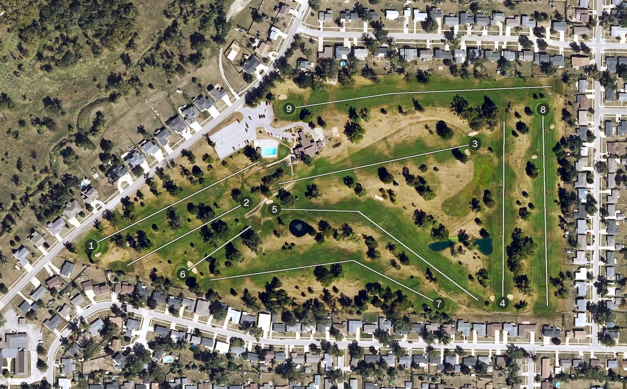Aerial view of Indian Creek Country Club, IA, with its hole routing marked