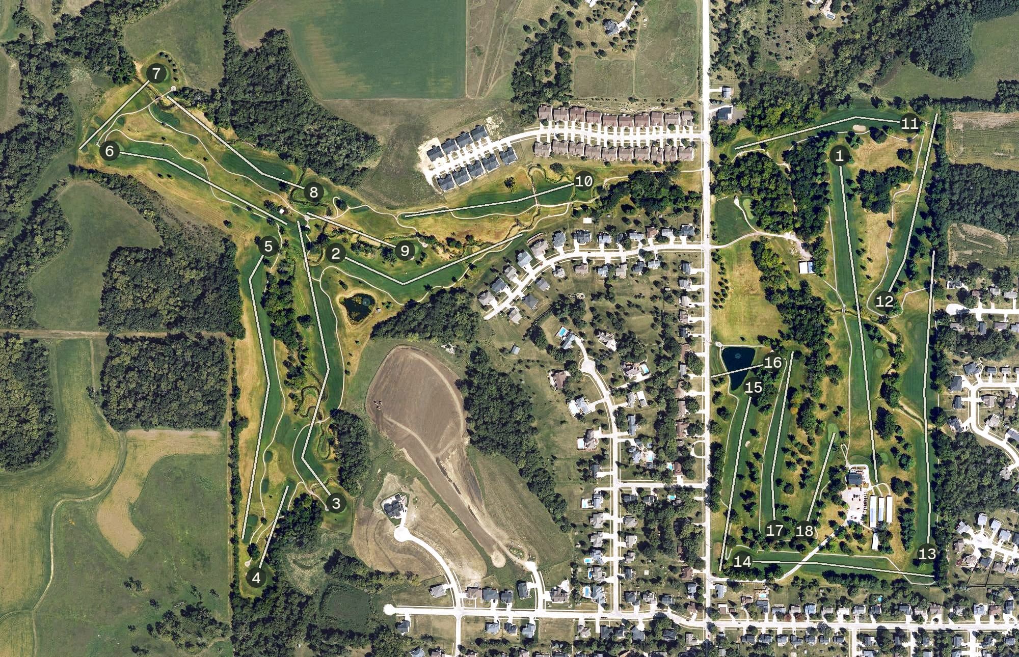 Aerial view of Indianola Country Club, IA, with its hole routing marked
