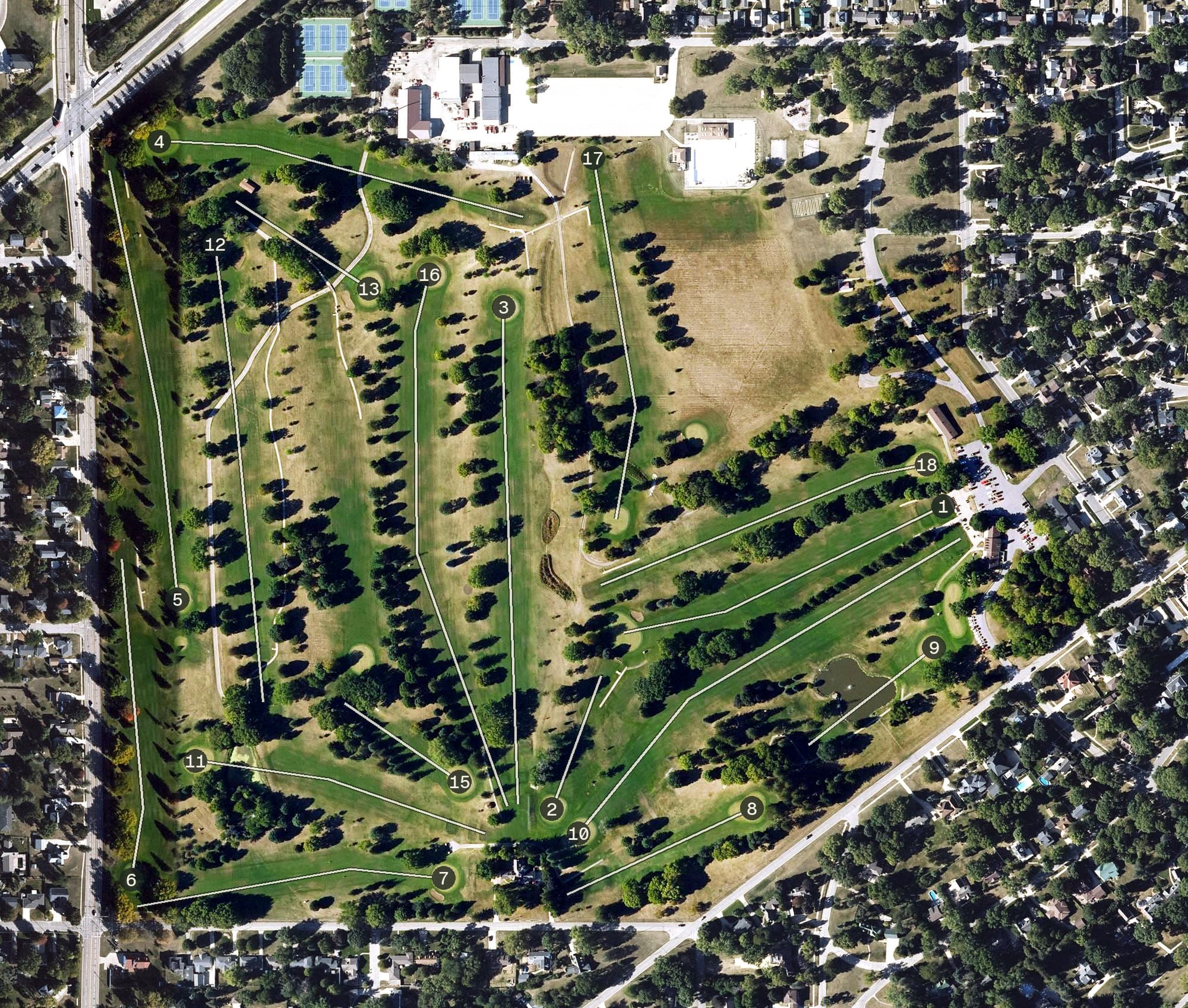 Aerial view of Irv Warren Memorial Golf Course, IA, with its hole routing marked