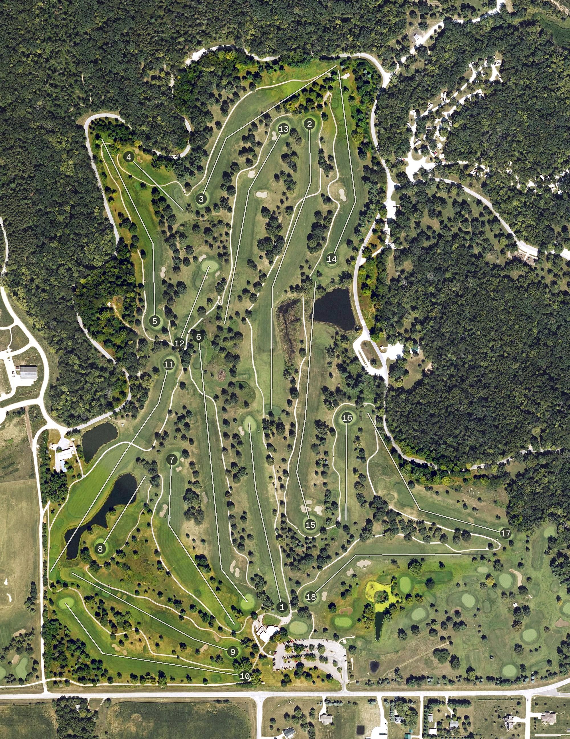 Aerial view of Jester Park Golf Course, IA, with its hole routing marked