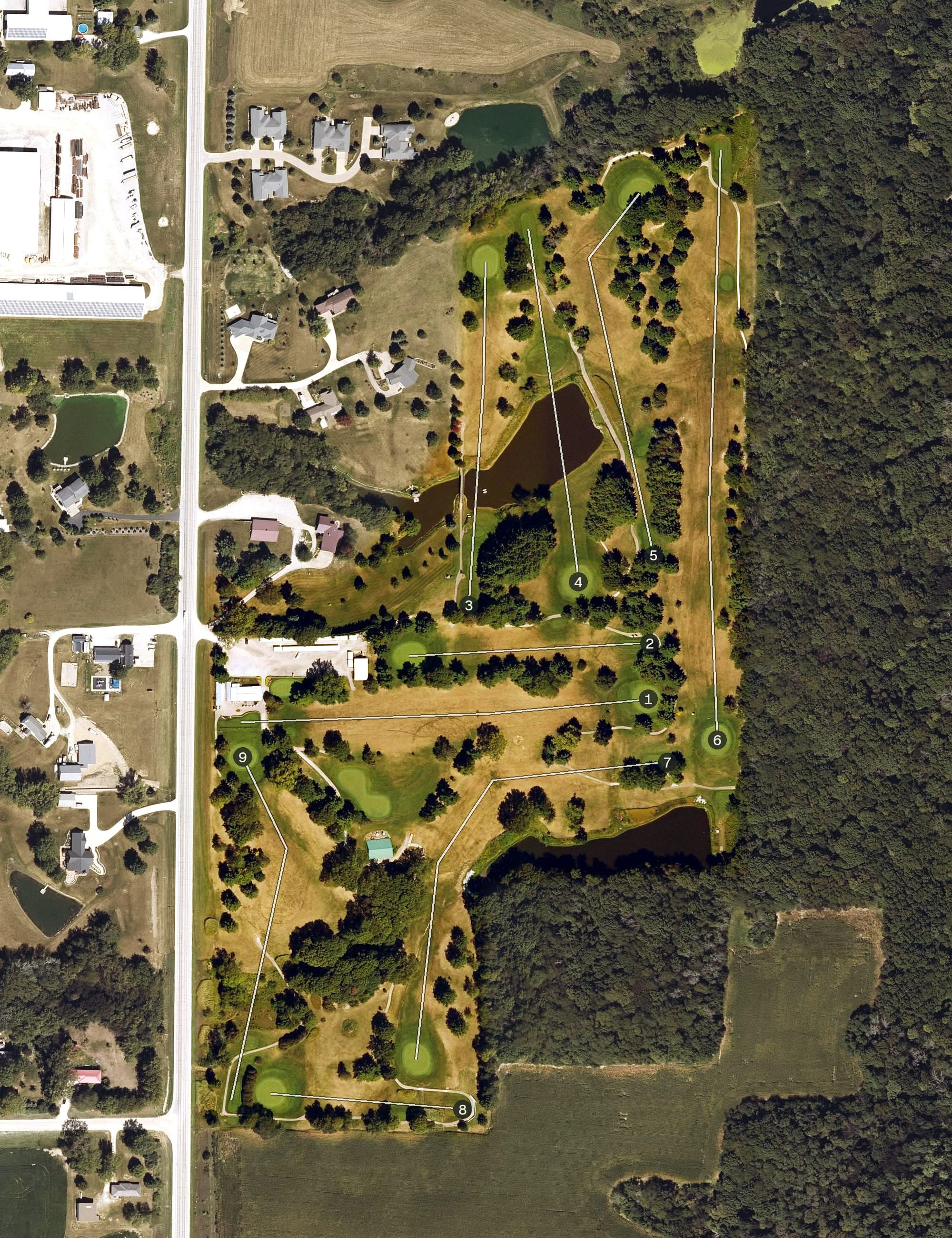 Aerial view of Kalona Golf Club, IA, with its hole routing marked