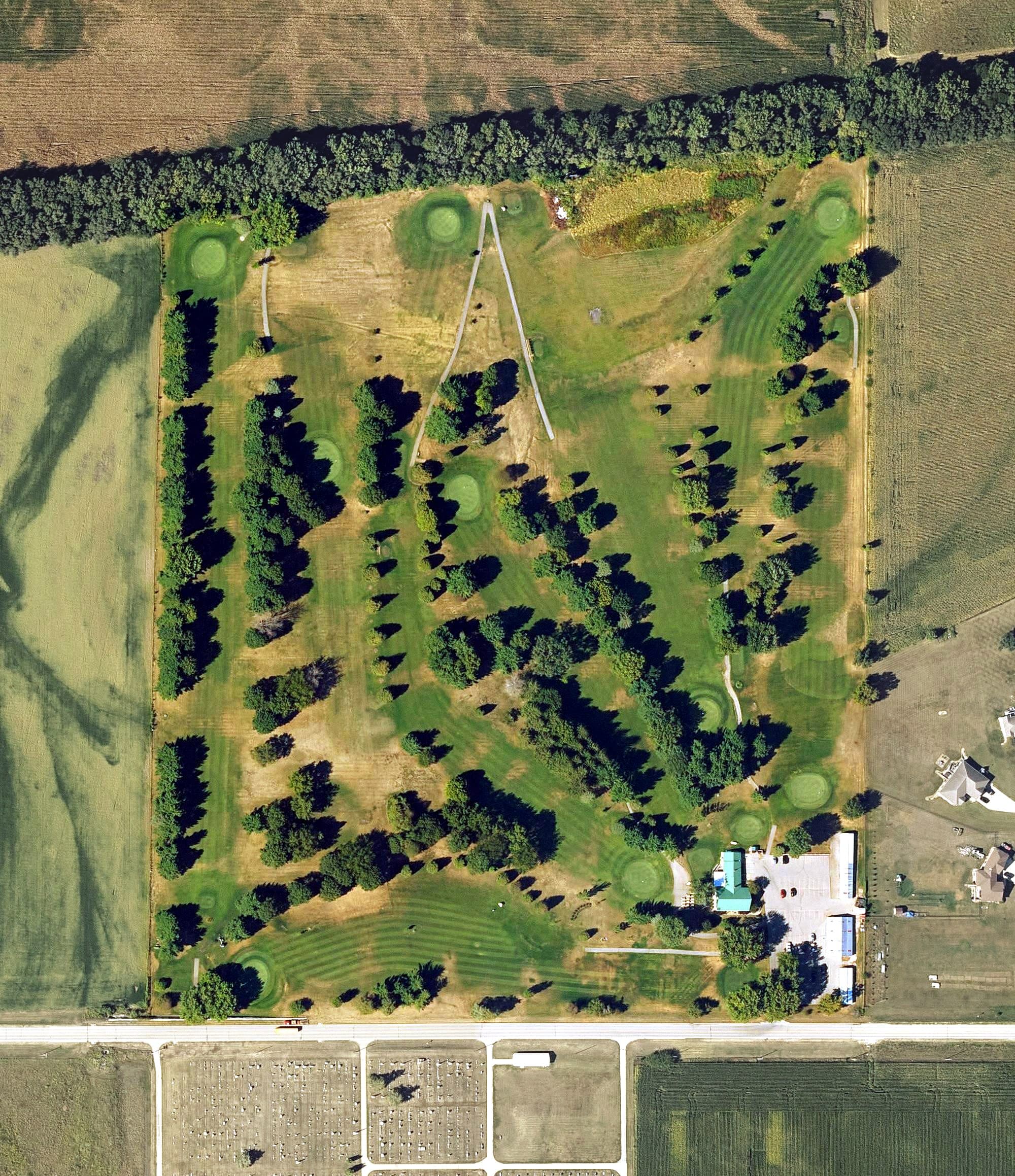 Aerial view of La Porte City Golf Club, IA, with its hole routing marked