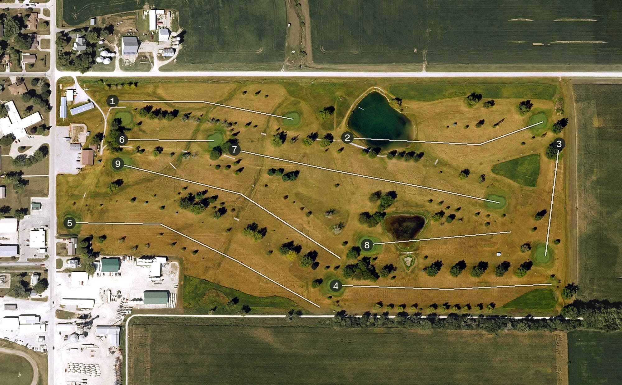 Aerial view of Lagos Acres Golf & Country Club, IA, with its hole routing marked