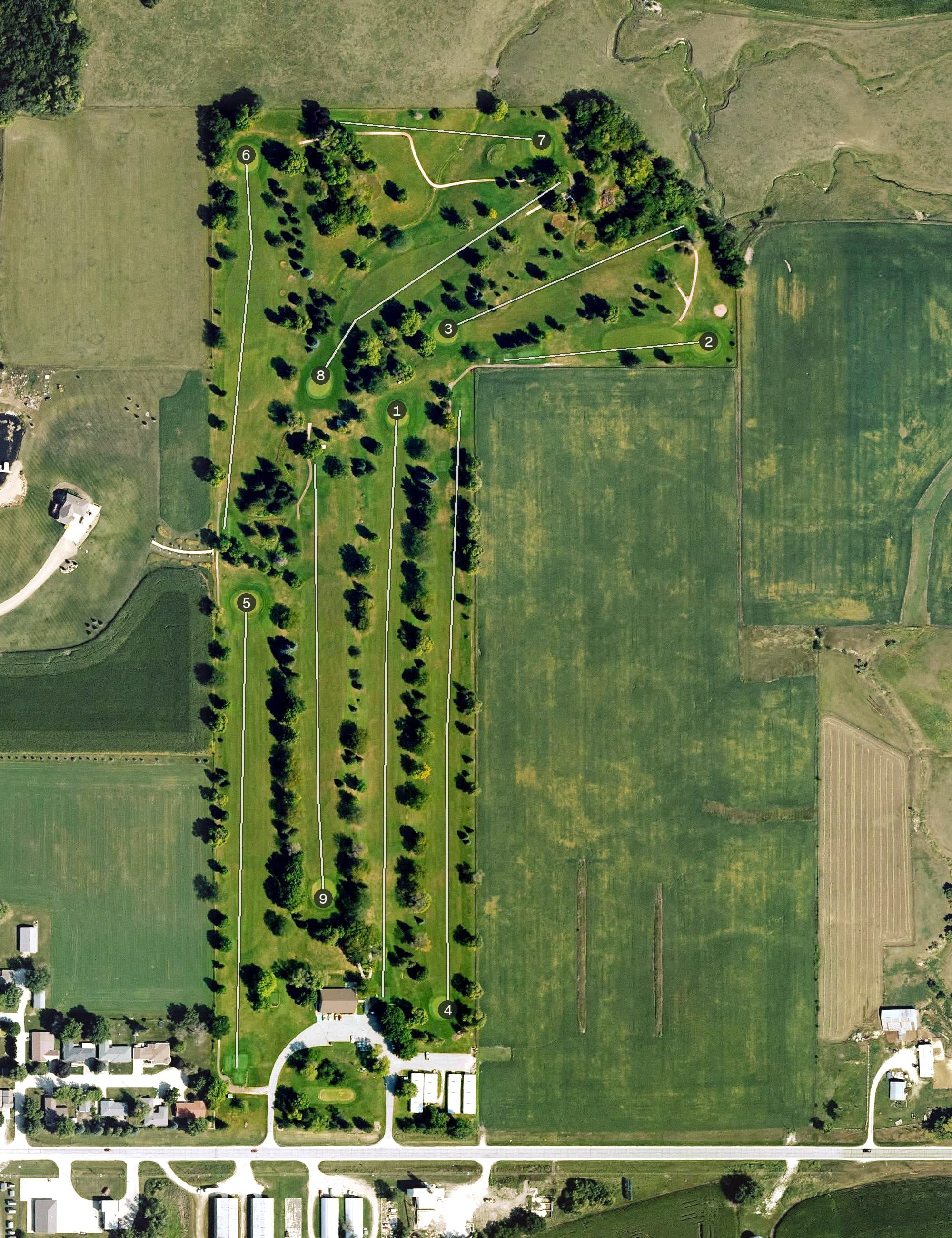Aerial view of Lake City Country Club, IA, with its hole routing marked