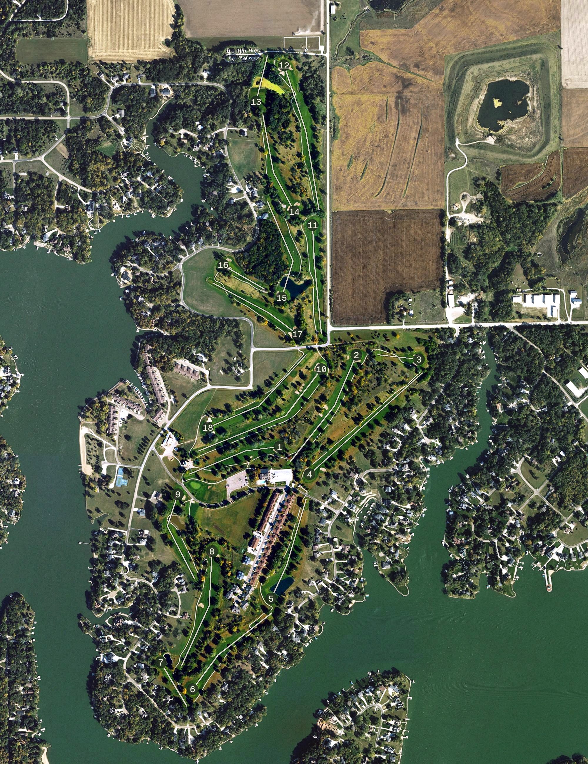 Aerial view of Lake Panorama National Golf Course, IA, with its hole routing marked
