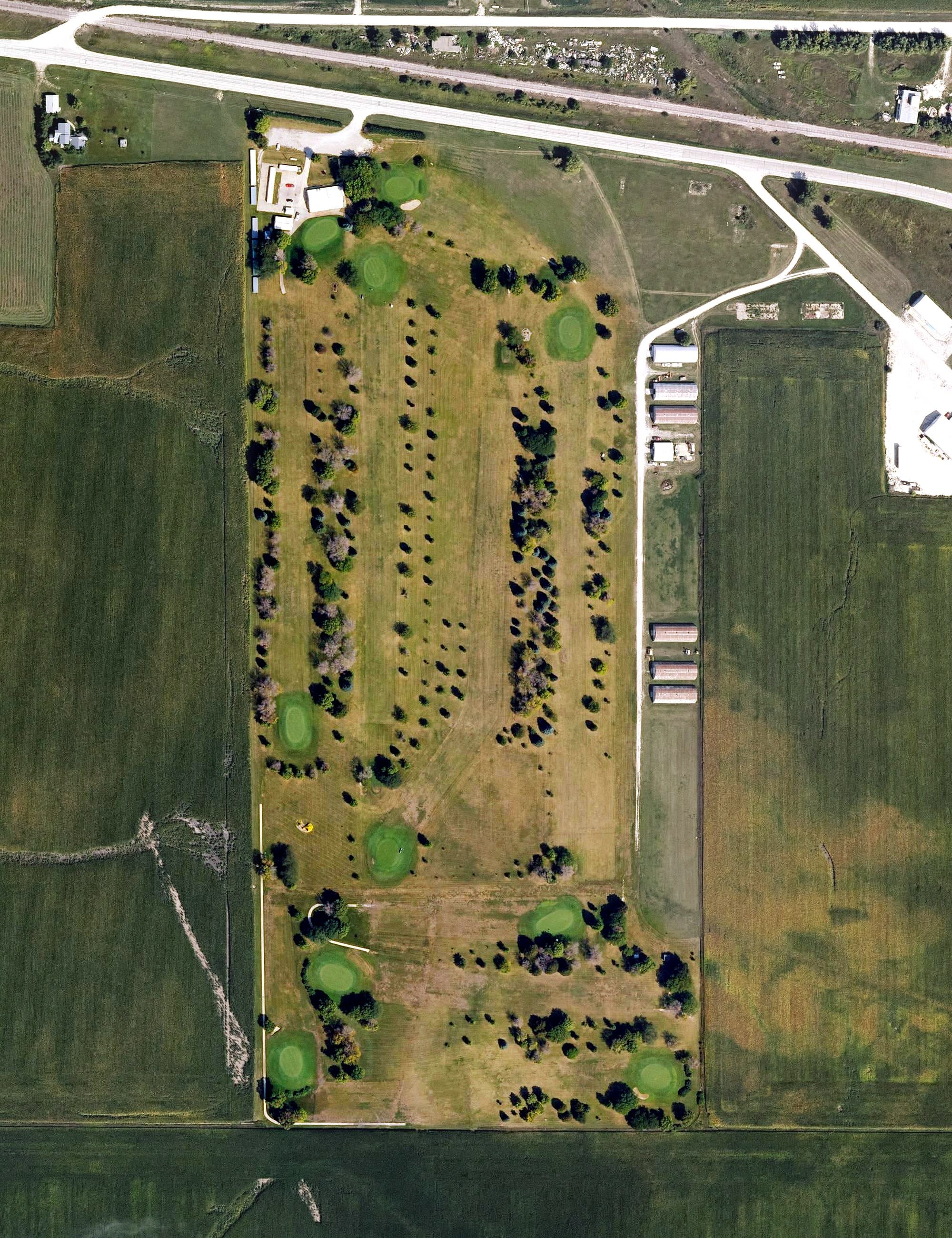 Aerial view of Laurens Golf and Country Club, IA, with its hole routing marked