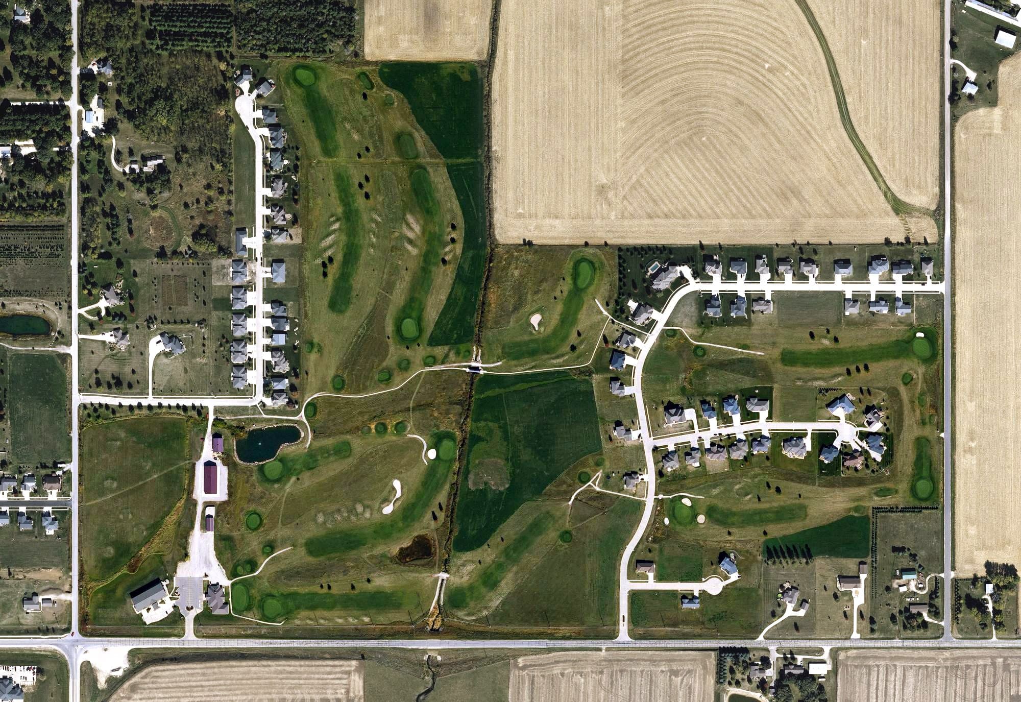 Aerial view of Legend Trail Golf Course, IA, with its hole routing marked