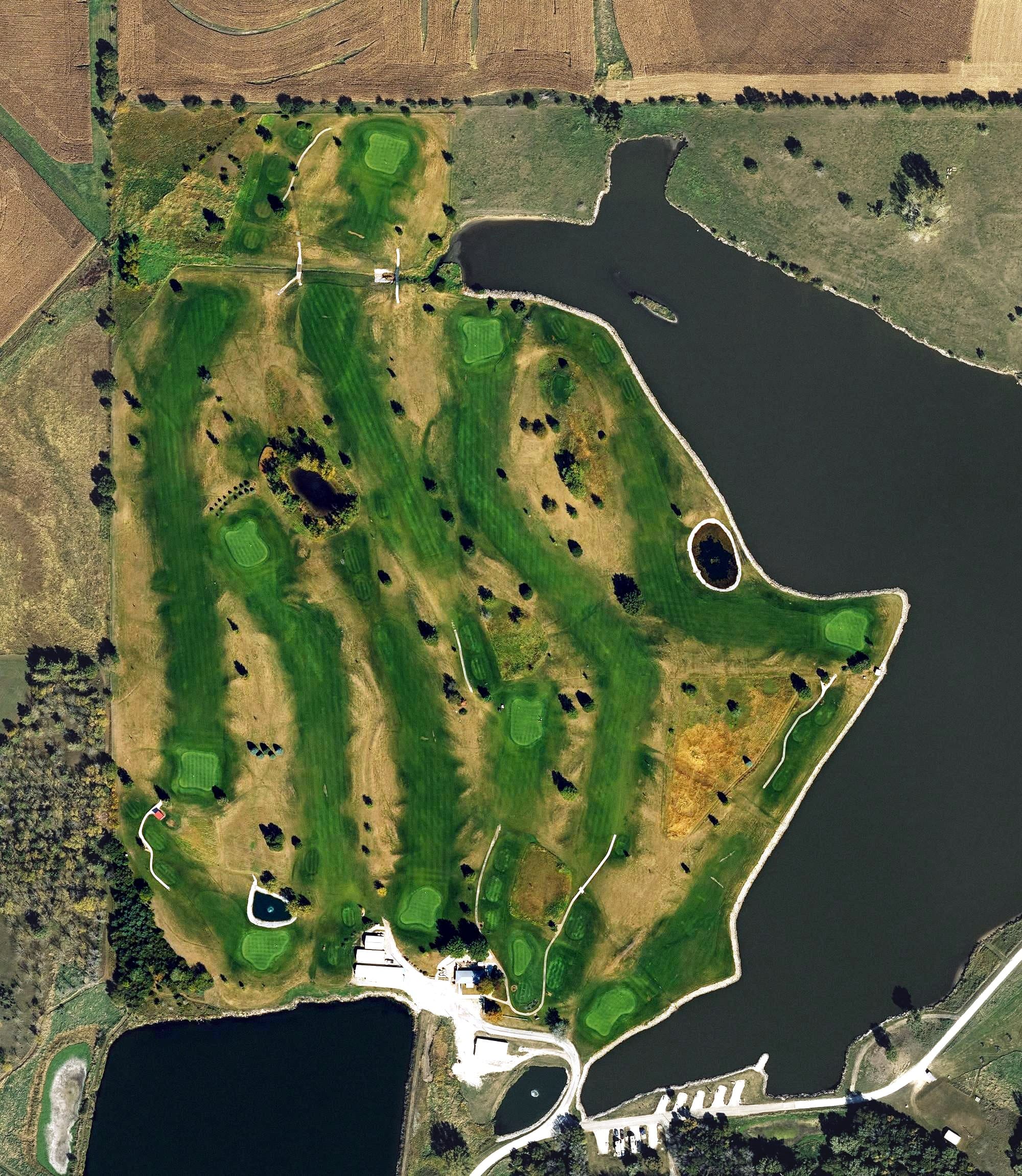 Aerial view of Lenox Community Golf Course, IA, with its hole routing marked