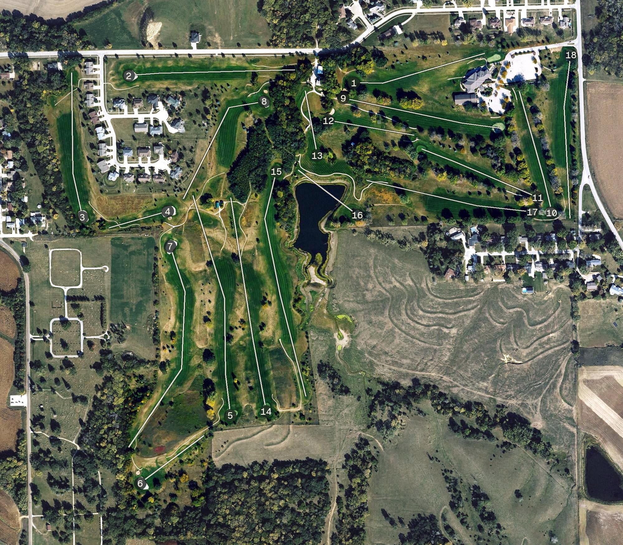 Aerial view of Majestic Hills Golf Course, IA, with its hole routing marked