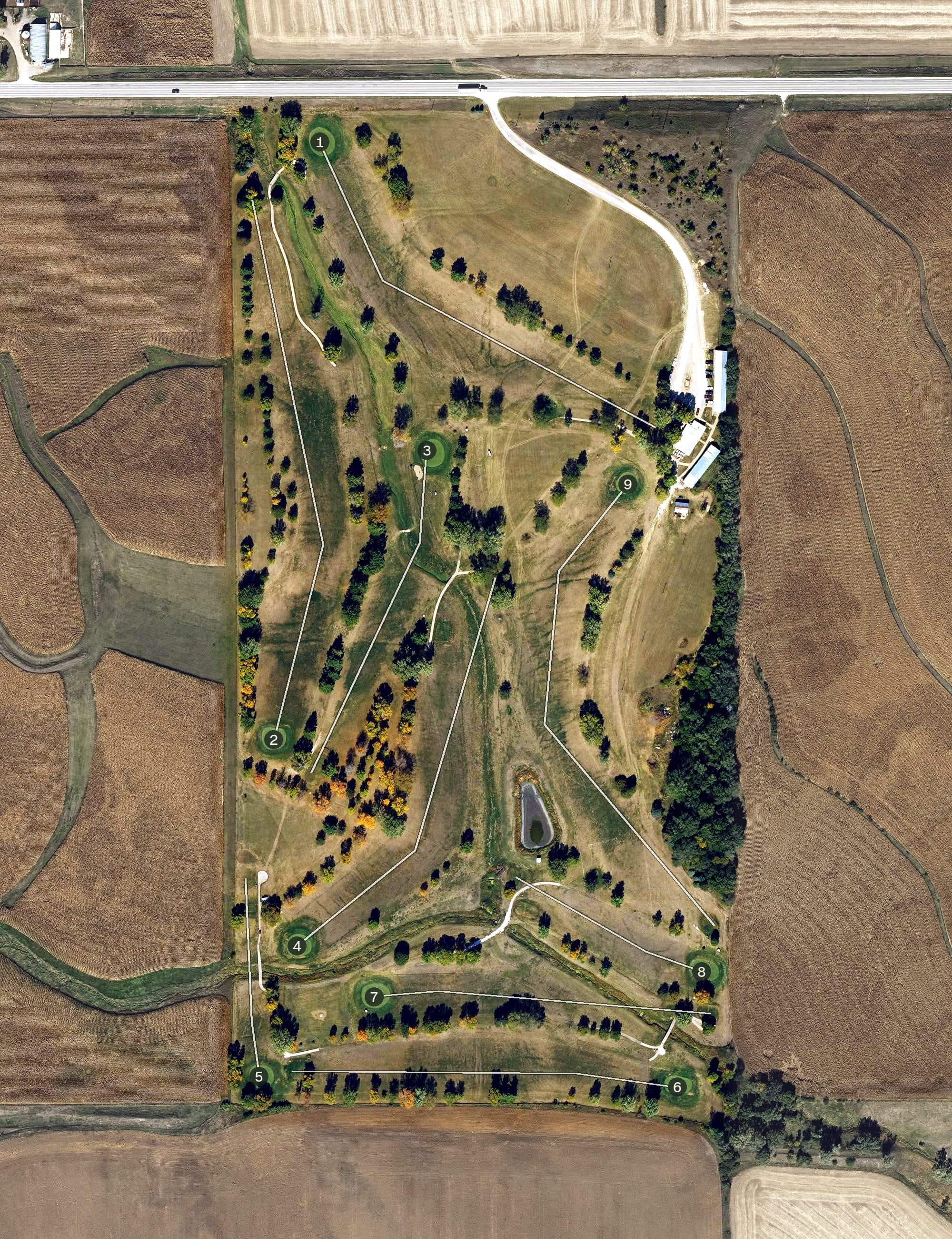Aerial view of Manning Manilla Golf Course, IA, with its hole routing marked