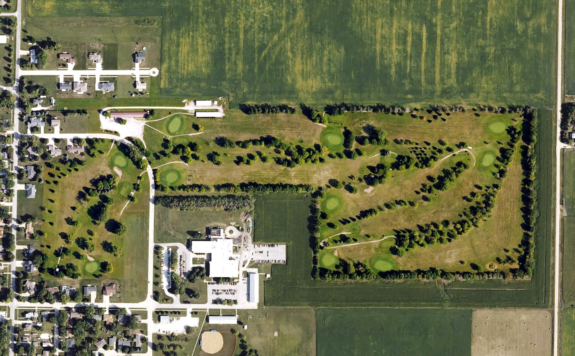 Aerial view of Manson Golf and Country Club, IA, with its hole routing marked