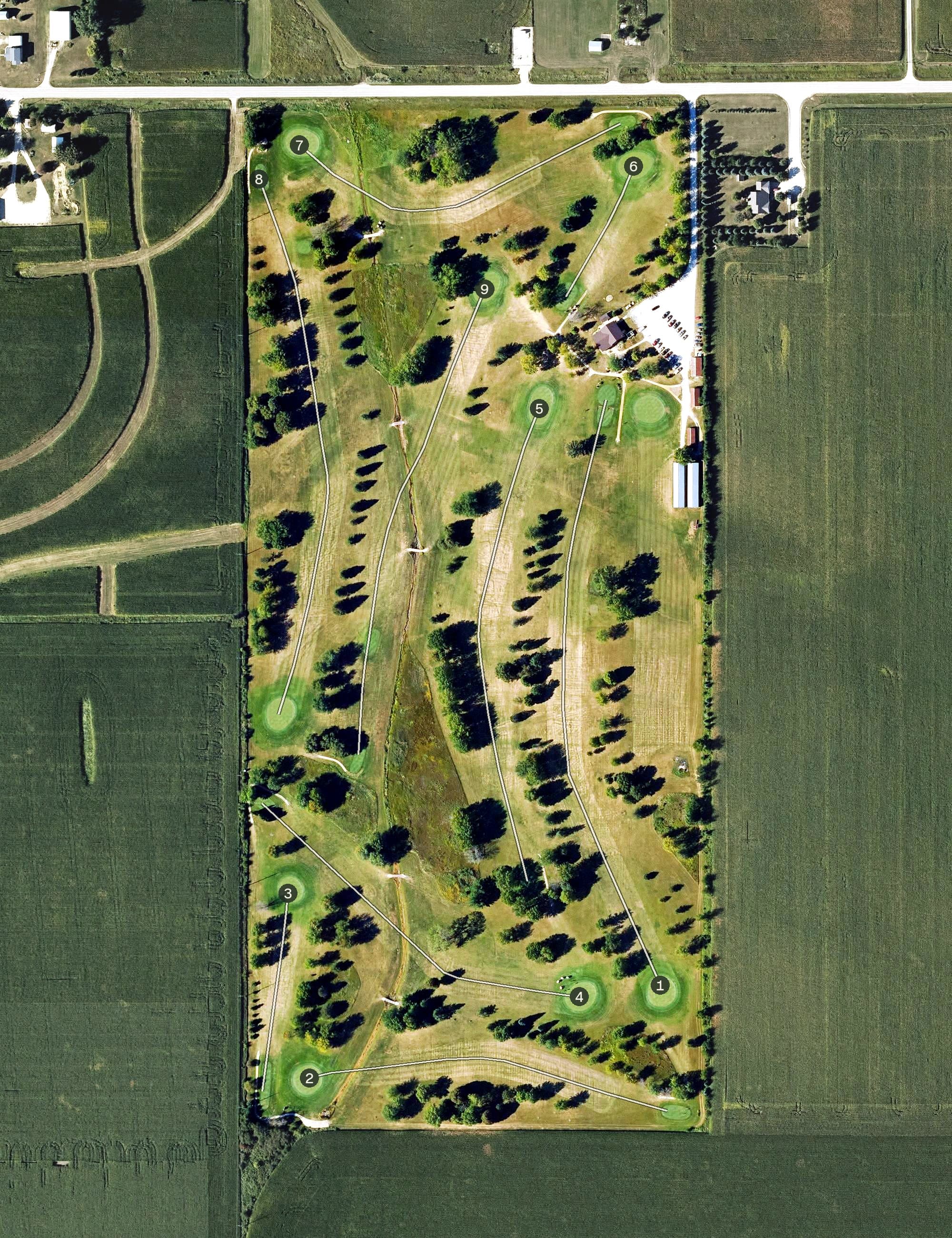 Aerial view of Mapple Hills, IA, with its hole routing marked