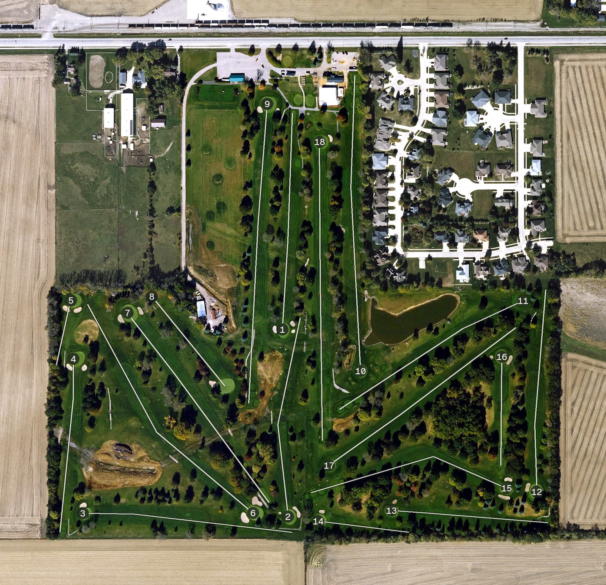 Aerial view of Mason City Country Club, IA, with its hole routing marked