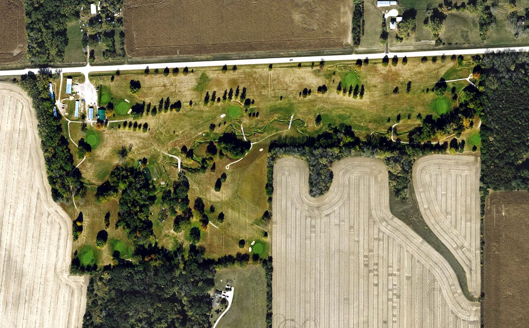 Aerial view of Meadow Hills Golf Course, IA, with its hole routing marked