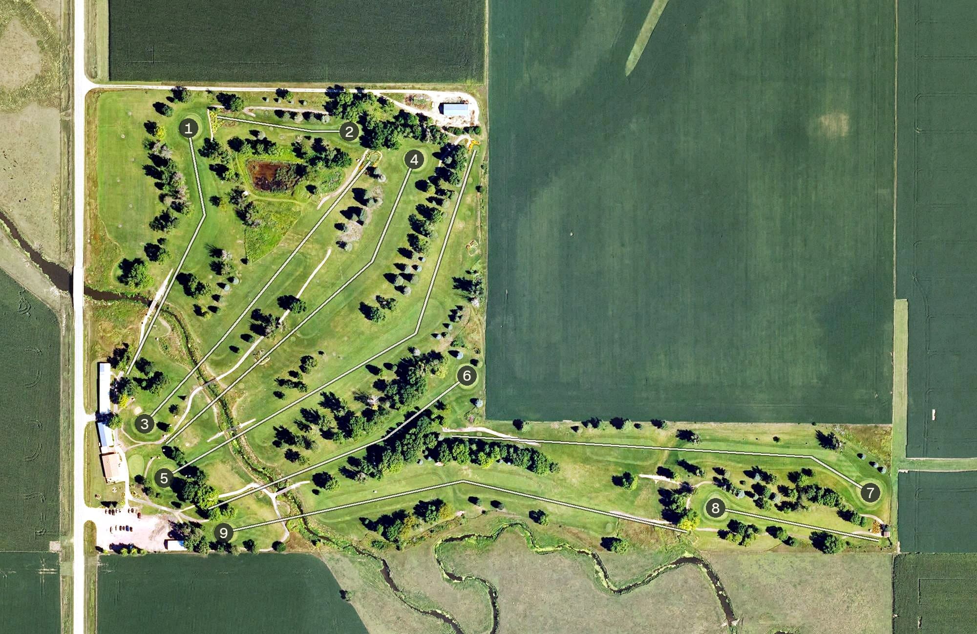 Aerial view of Meadowbrook Golf and Country Club, IA, with its hole routing marked